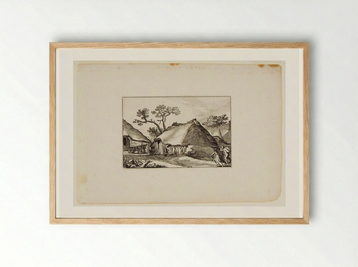 Ramshackle Hut with Wagon to Left and Two Figures to Right - Claes Jansz. Visscher - Framed Print Wood