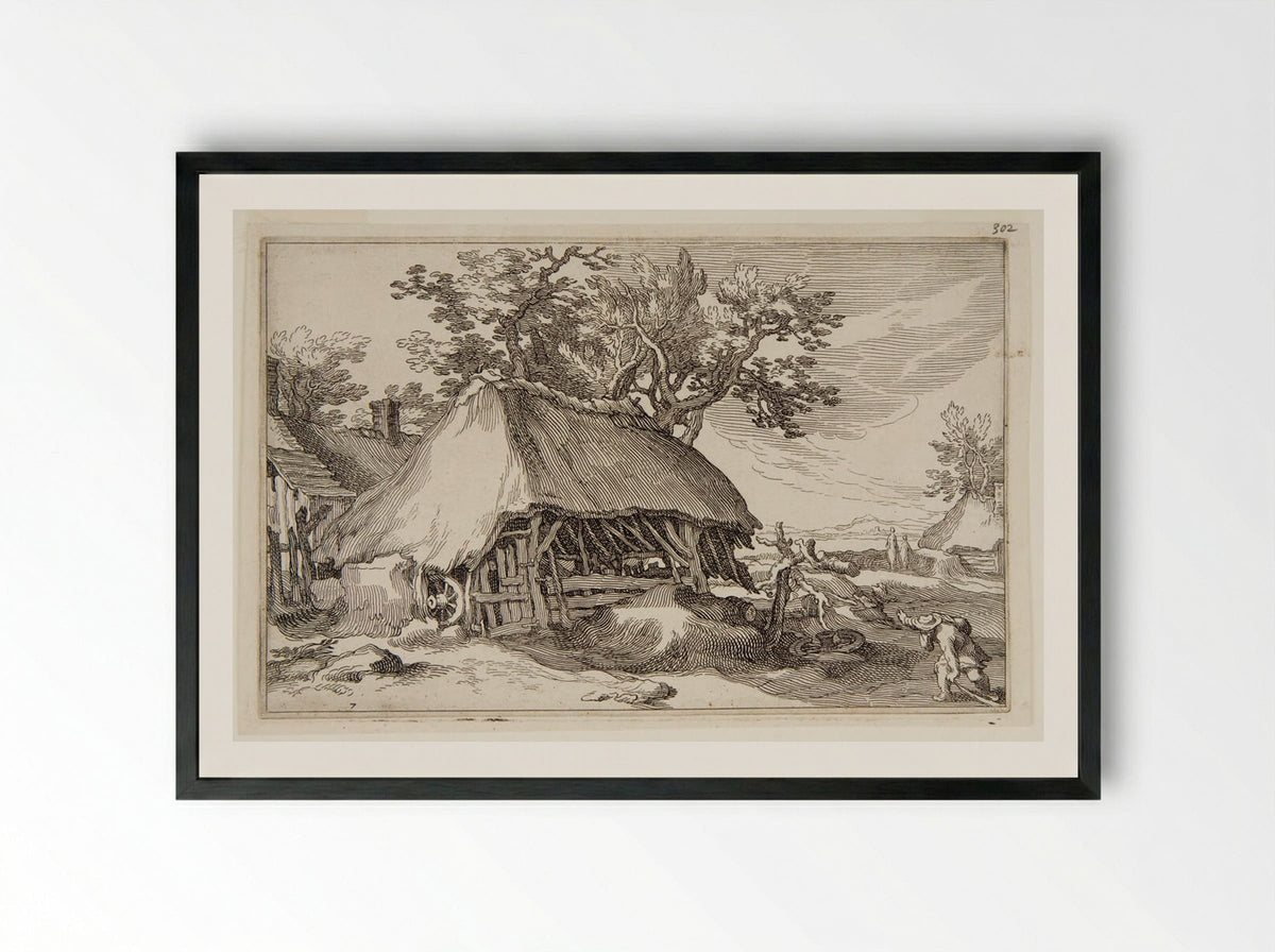 Ramshackle Hut with a Wagon Wheel - Boetius Adamsz. Bolswert - Framed Print Black