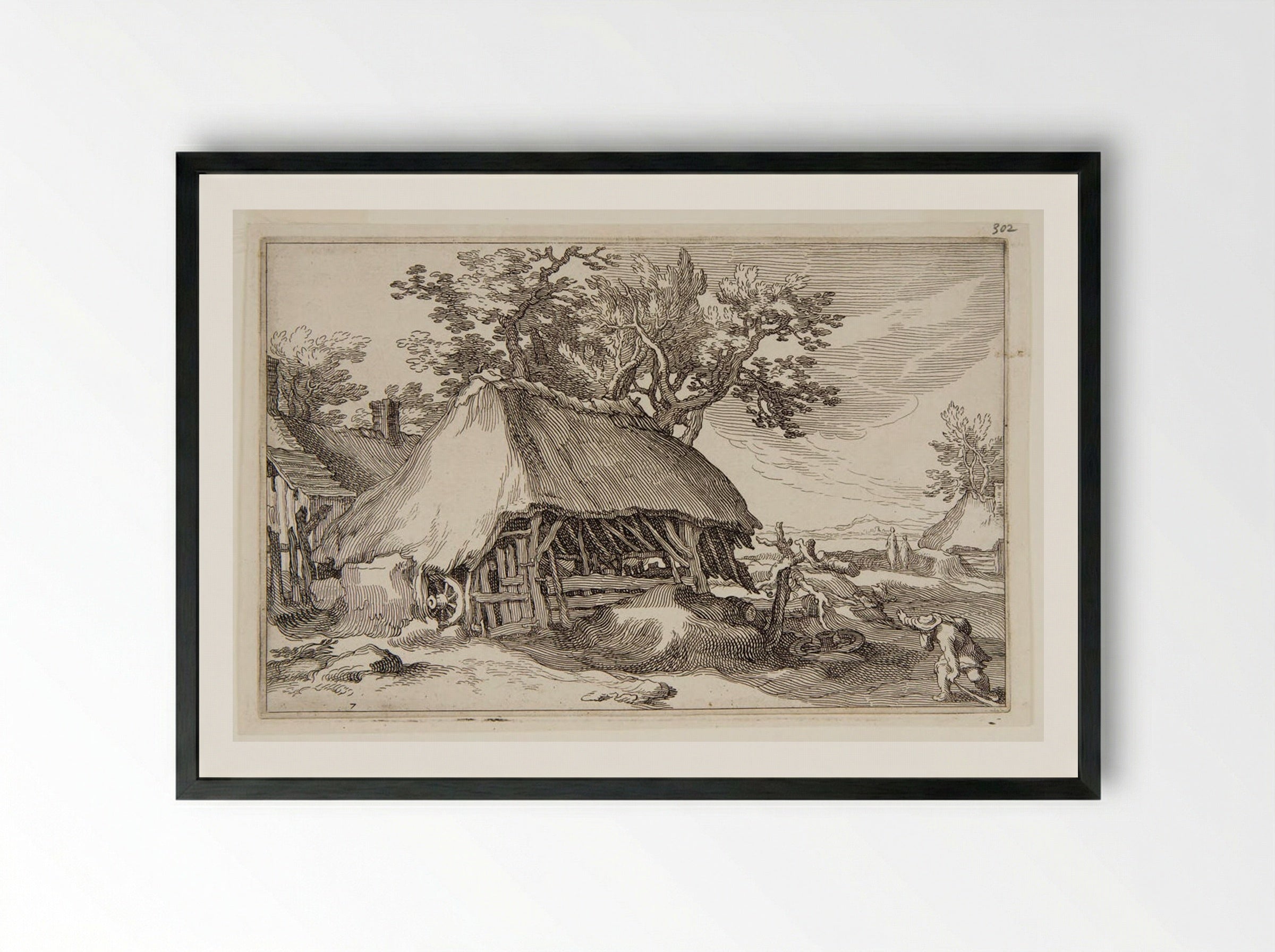 Ramshackle Hut with a Wagon Wheel - Boetius Adamsz. Bolswert - Framed Print Black