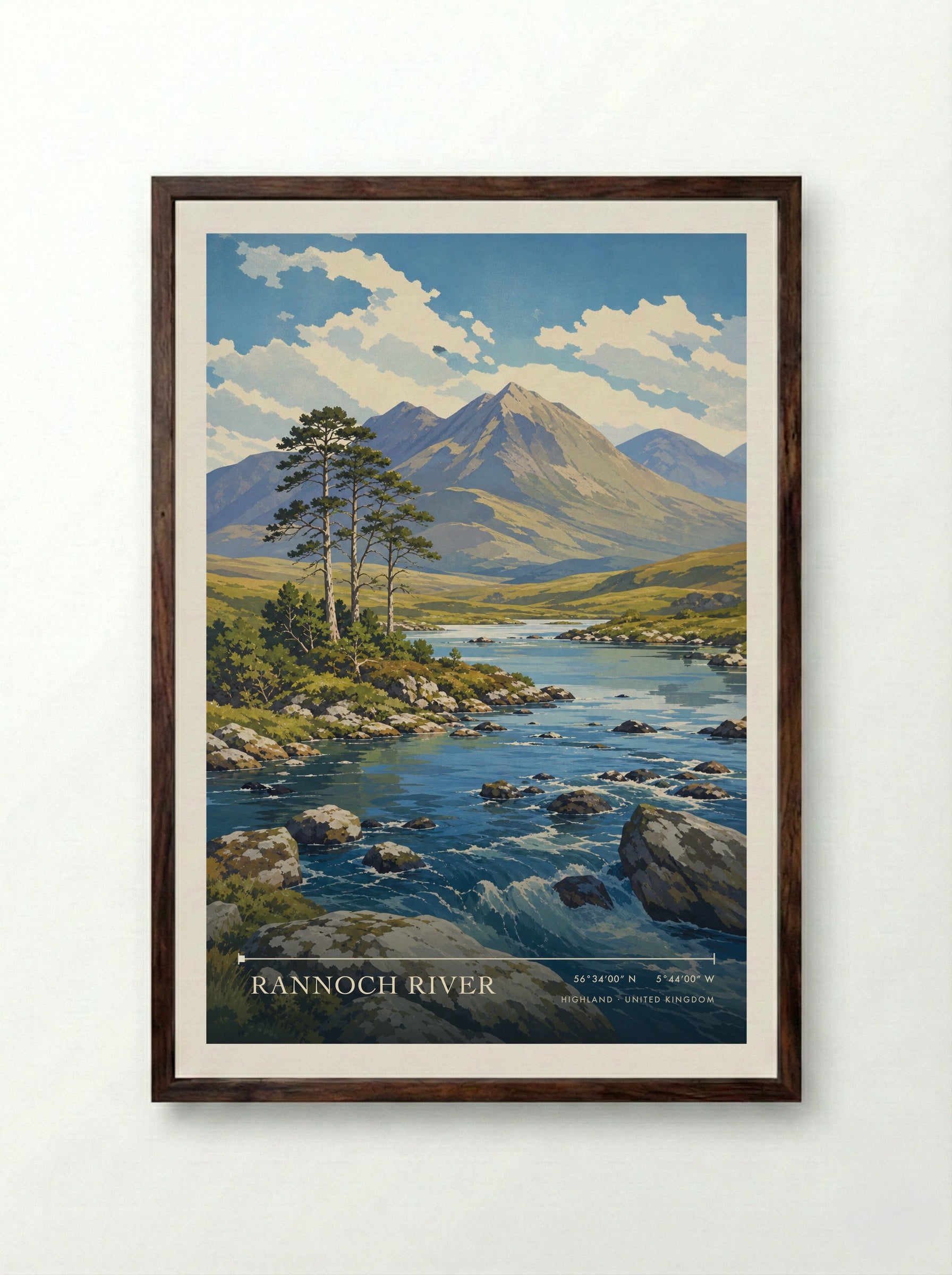 Rannoch River Highland United Kingdom Travel Poster - Framed Print Dark Wood