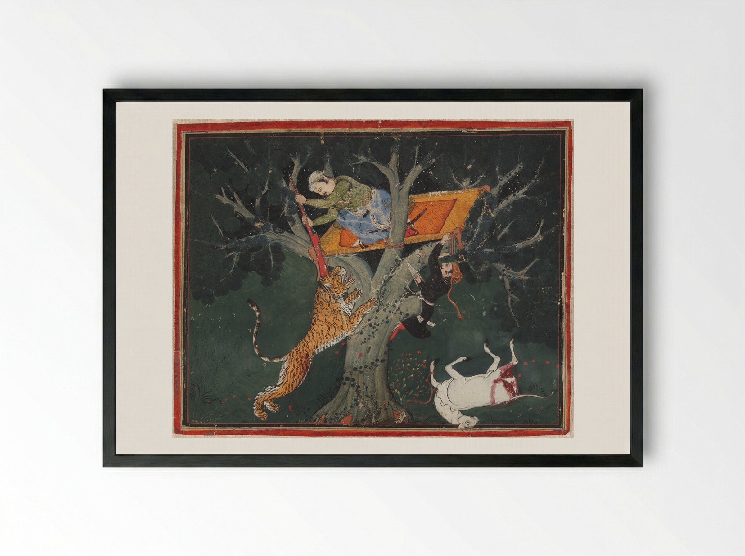 Rao Raja Bhoj Singh of Bundi Batters a Leaping Tiger from a Tree - Unknown Artist - Framed Print Black