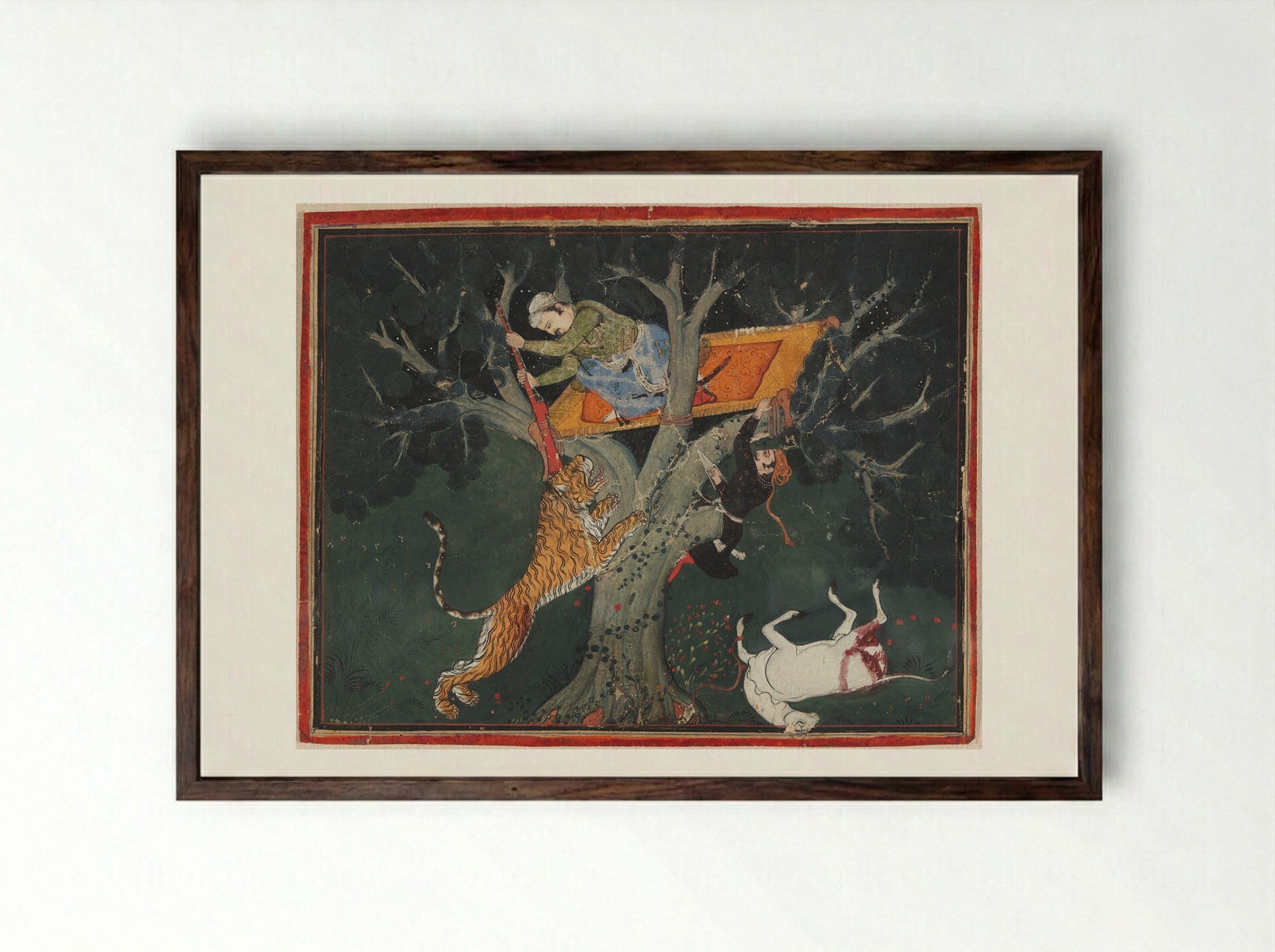 Rao Raja Bhoj Singh of Bundi Batters a Leaping Tiger from a Tree - Unknown Artist - Framed Print Dark Wood