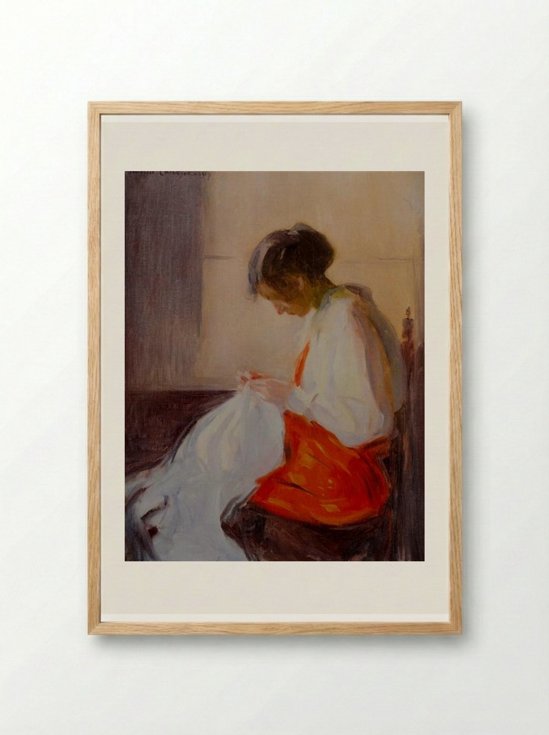Rapariga Costurando - António Carneiro - Framed Print Wood
