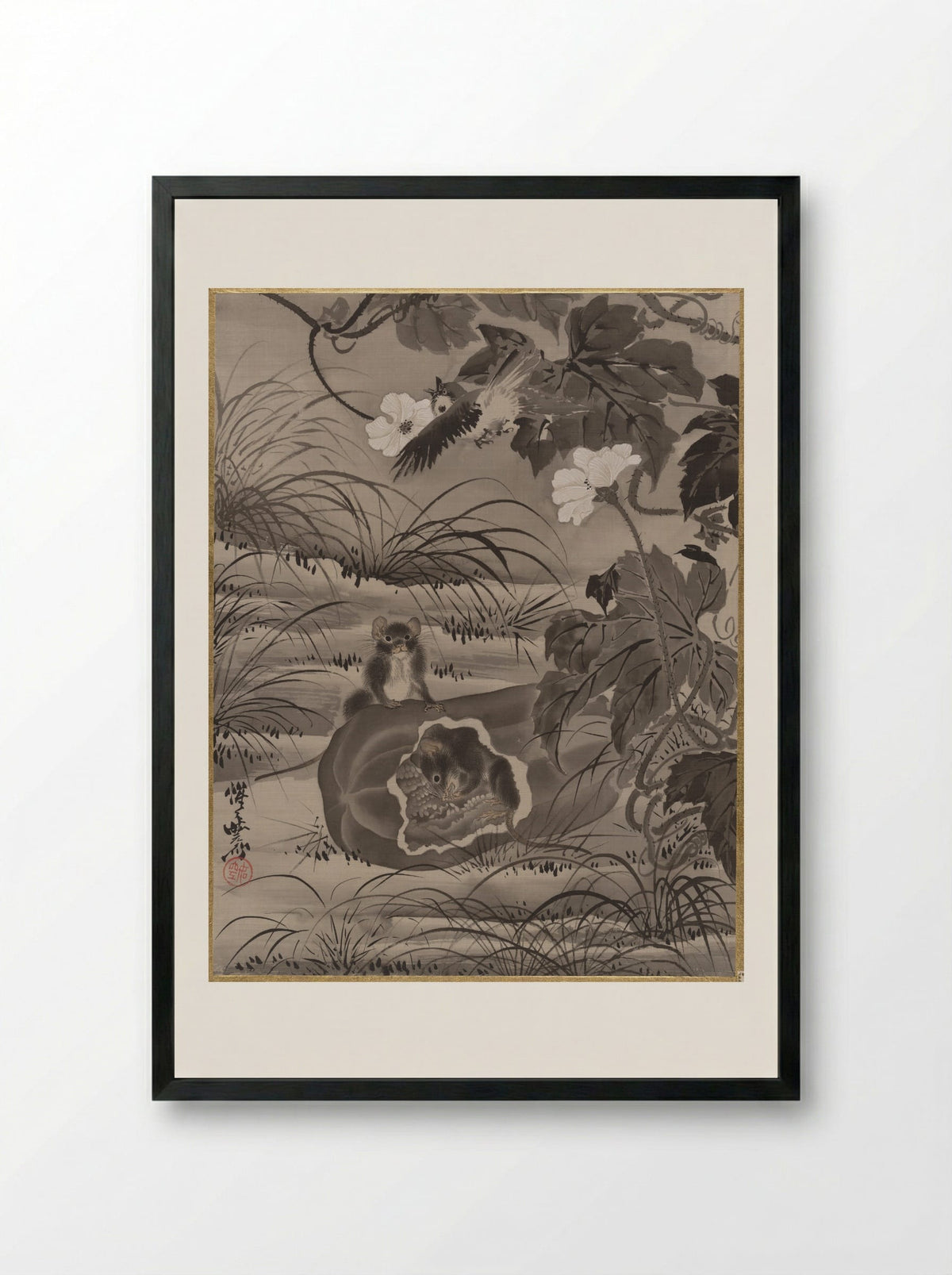 Rats and Gourd - Kawanabe Kyōsai - Framed Print Black