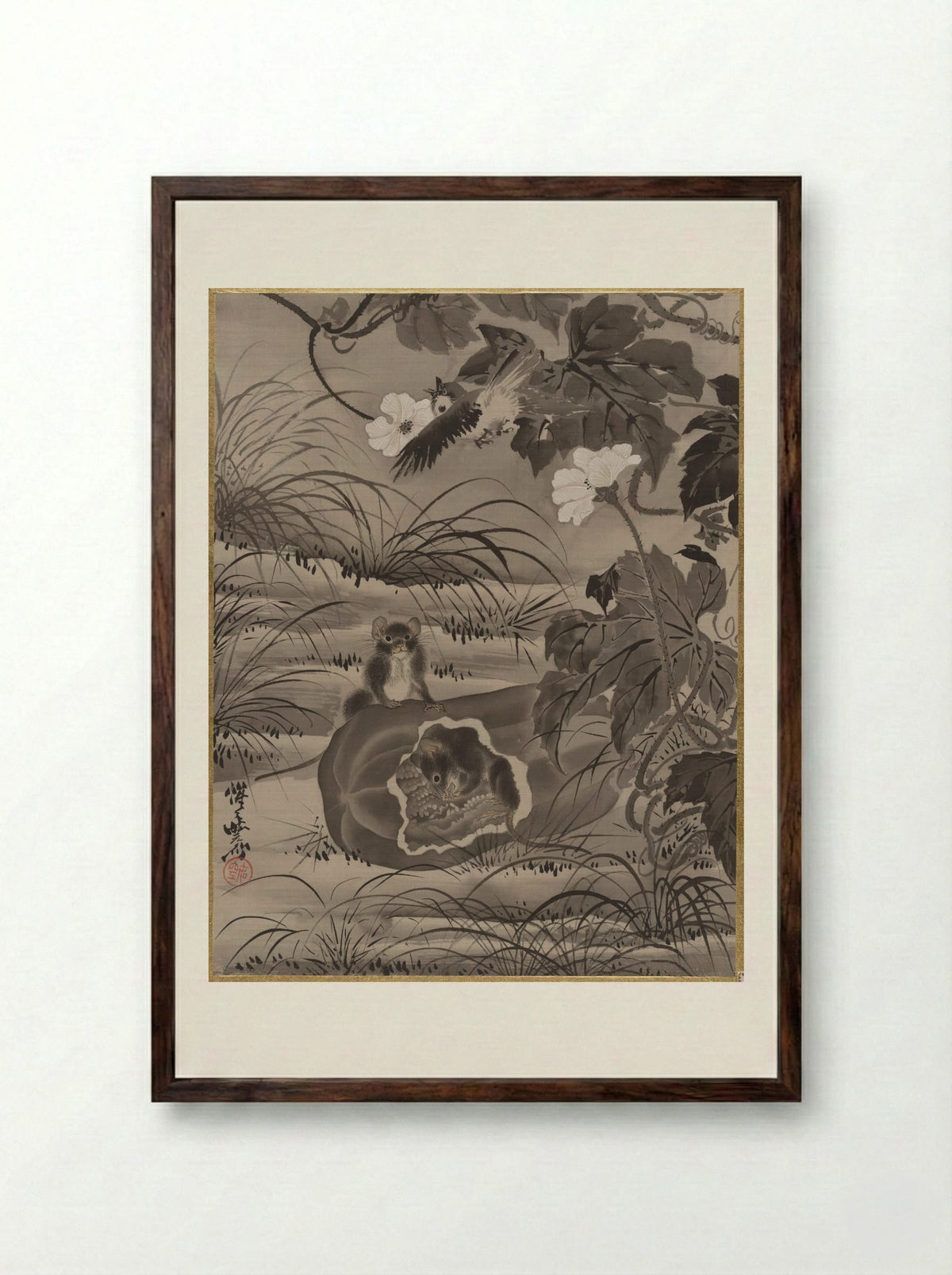 Rats and Gourd - Kawanabe Kyōsai - Framed Print Dark Wood