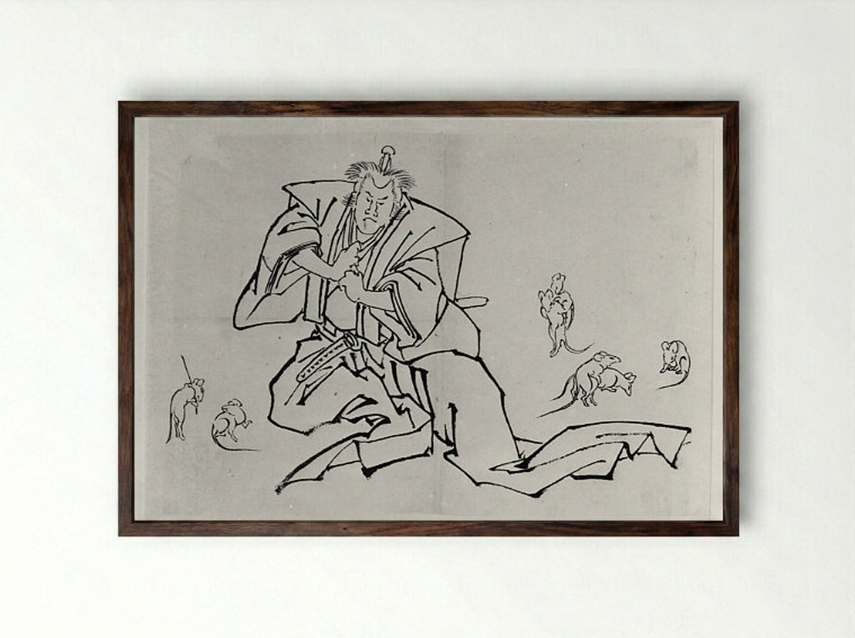 Rats and a Kabuki Actor in the Role of Nikki Danjō - Hokusai School - Framed Print Dark Wood