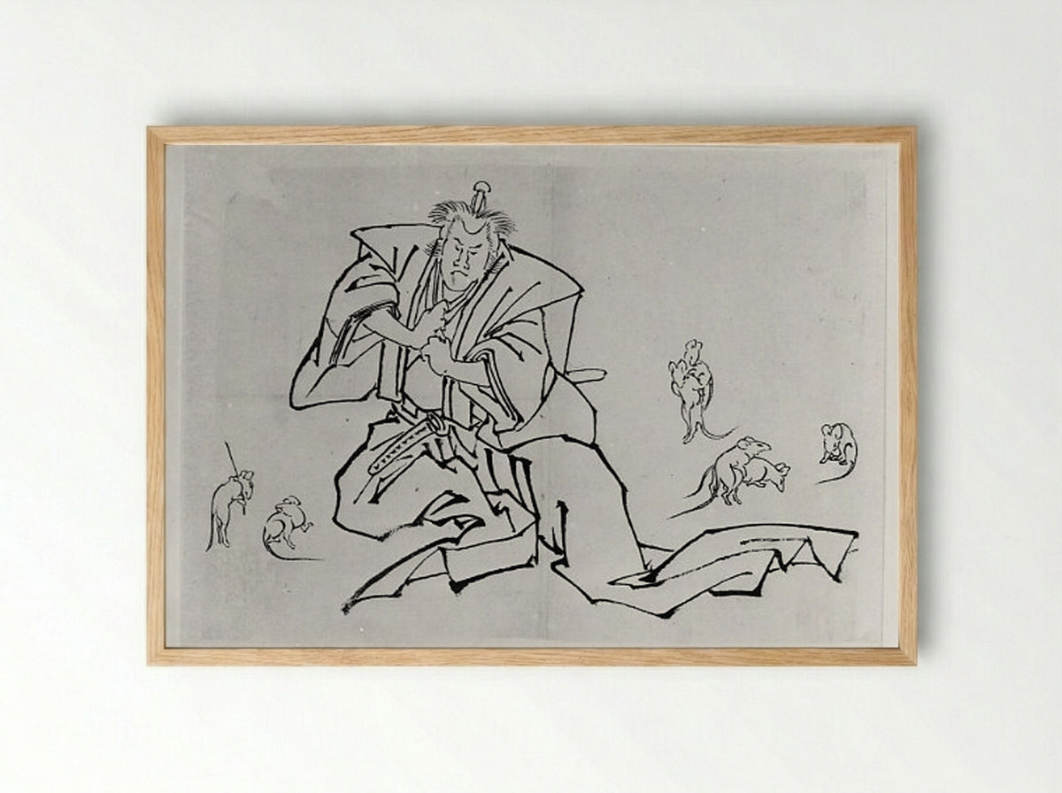 Rats and a Kabuki Actor in the Role of Nikki Danjō - Hokusai School - Framed Print Wood