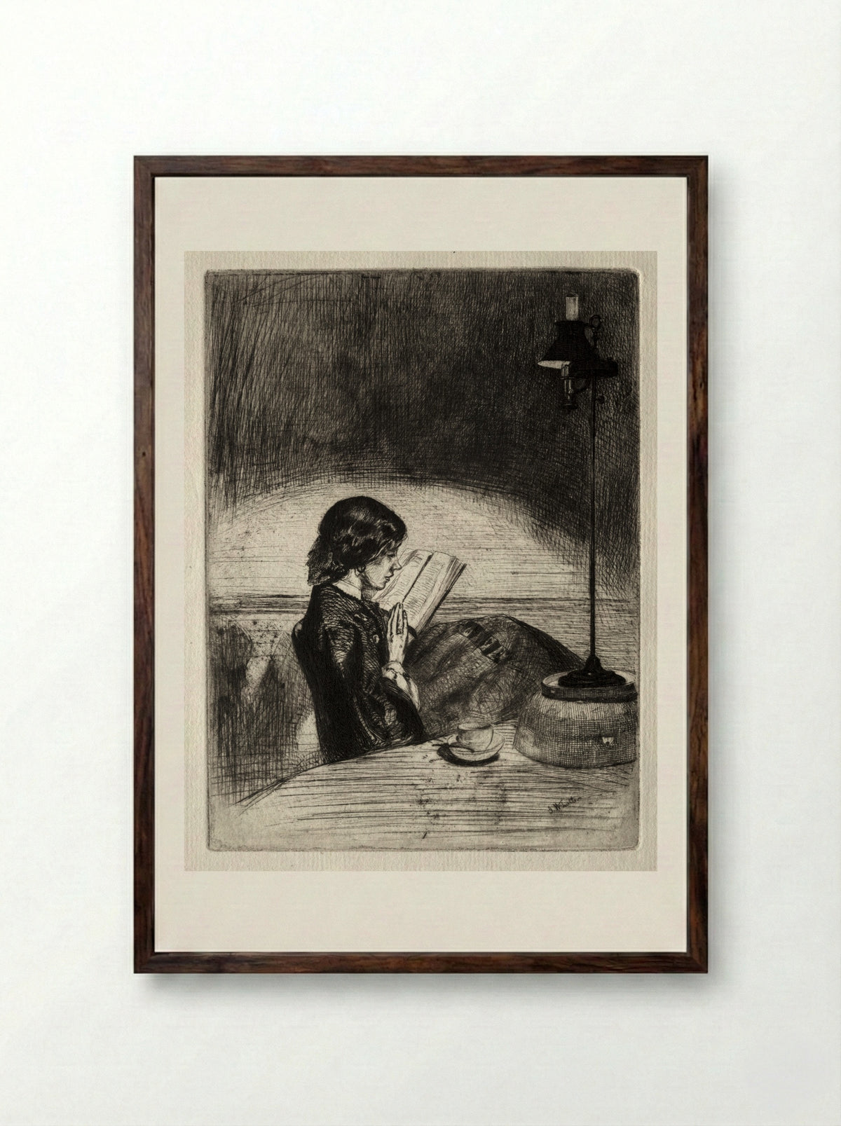 Reading by Lamplight - James McNeill Whistler - Framed Print Dark Wood