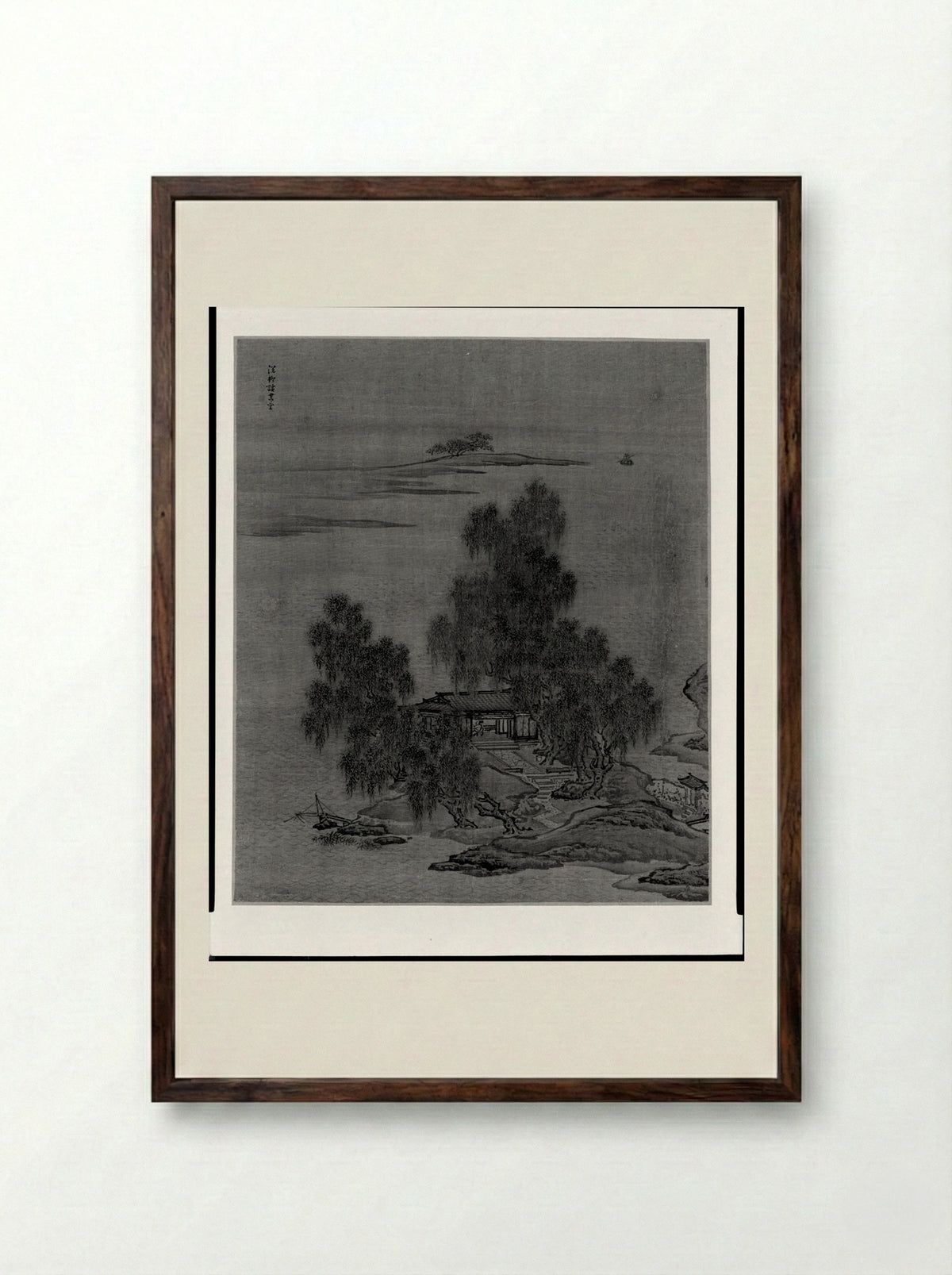 Reading in a Lakeside Studio under Willow Trees - Yuan Yao - Framed Print Dark Wood