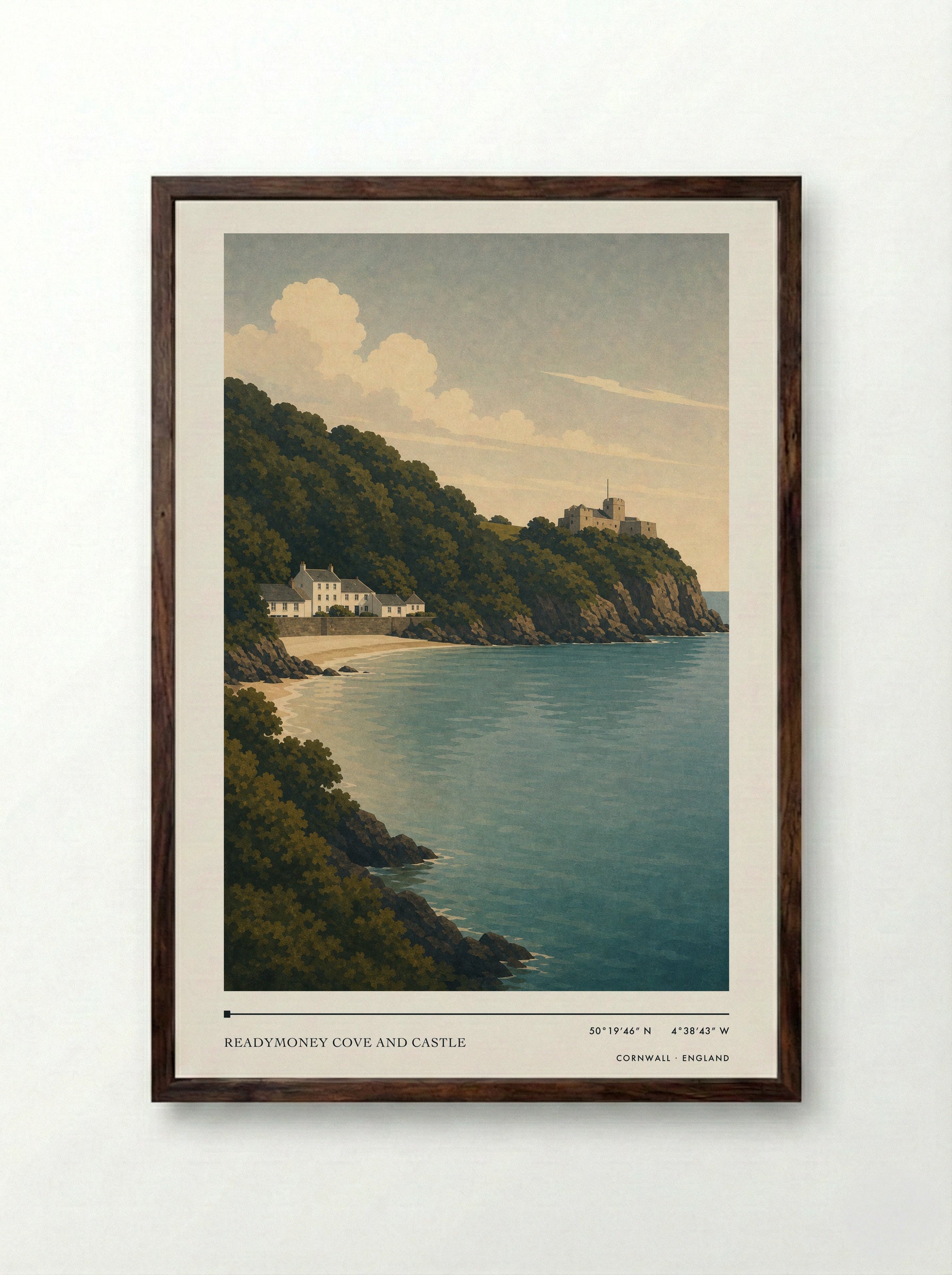 Readymoney Cove and Castle Cornwall England Travel Poster - Framed Print Dark Wood