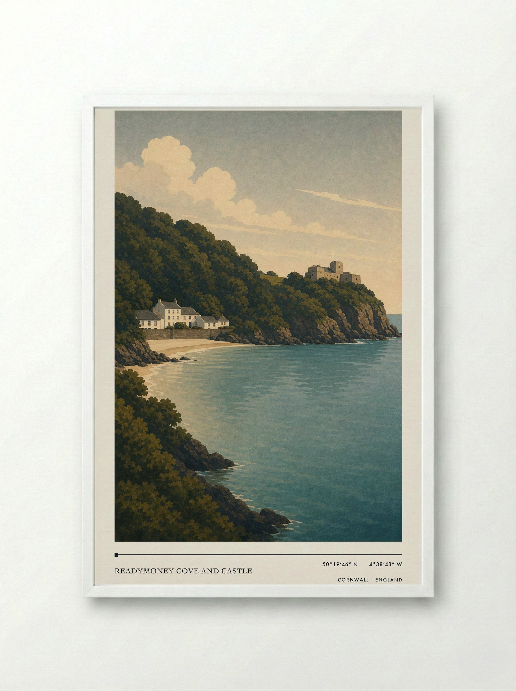 Readymoney Cove and Castle Cornwall England Travel Poster - Framed Print White