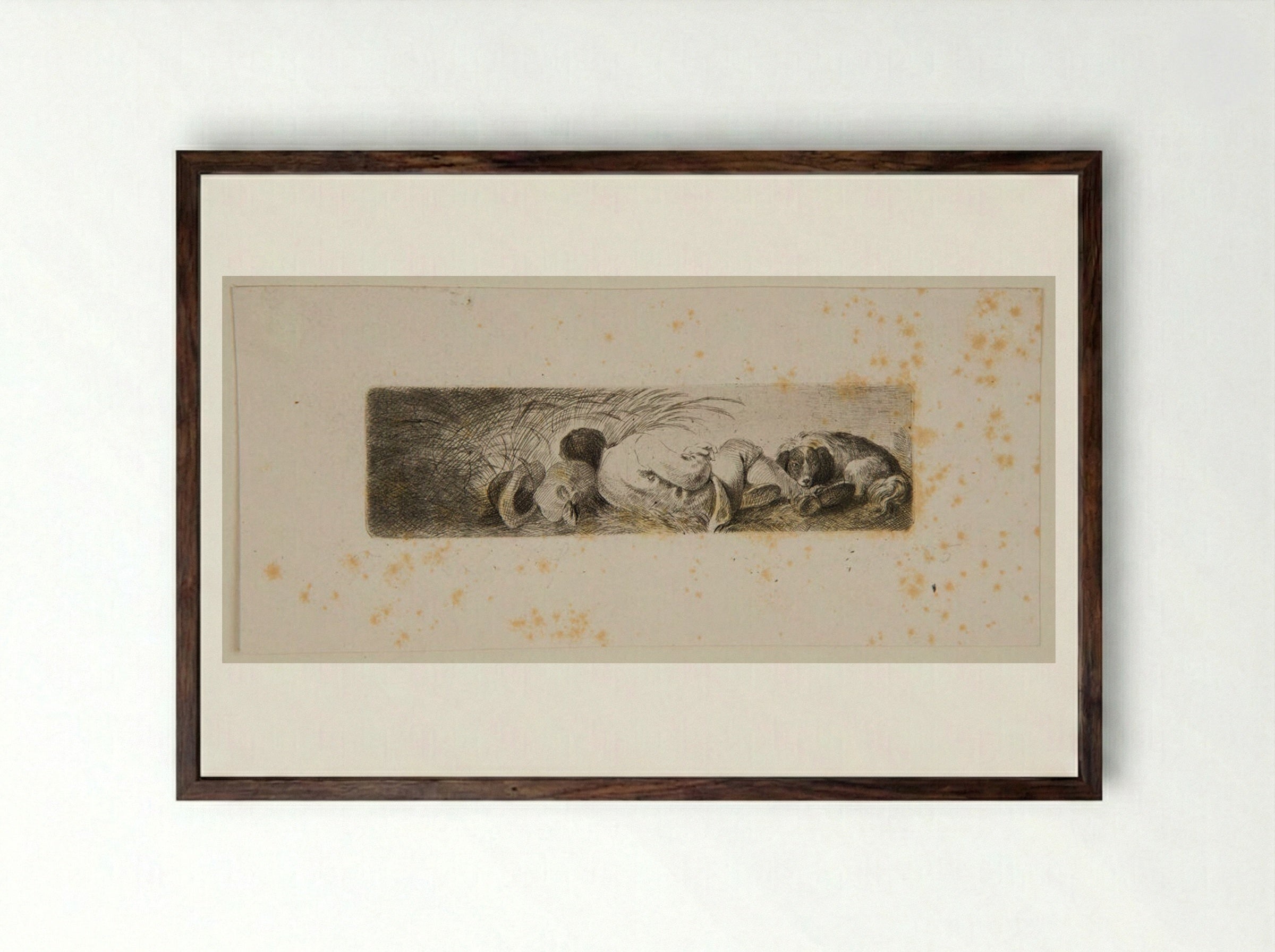 Reaper and his Dog Lying on the Ground - Ferdinand Kobell - Framed Print Dark Wood