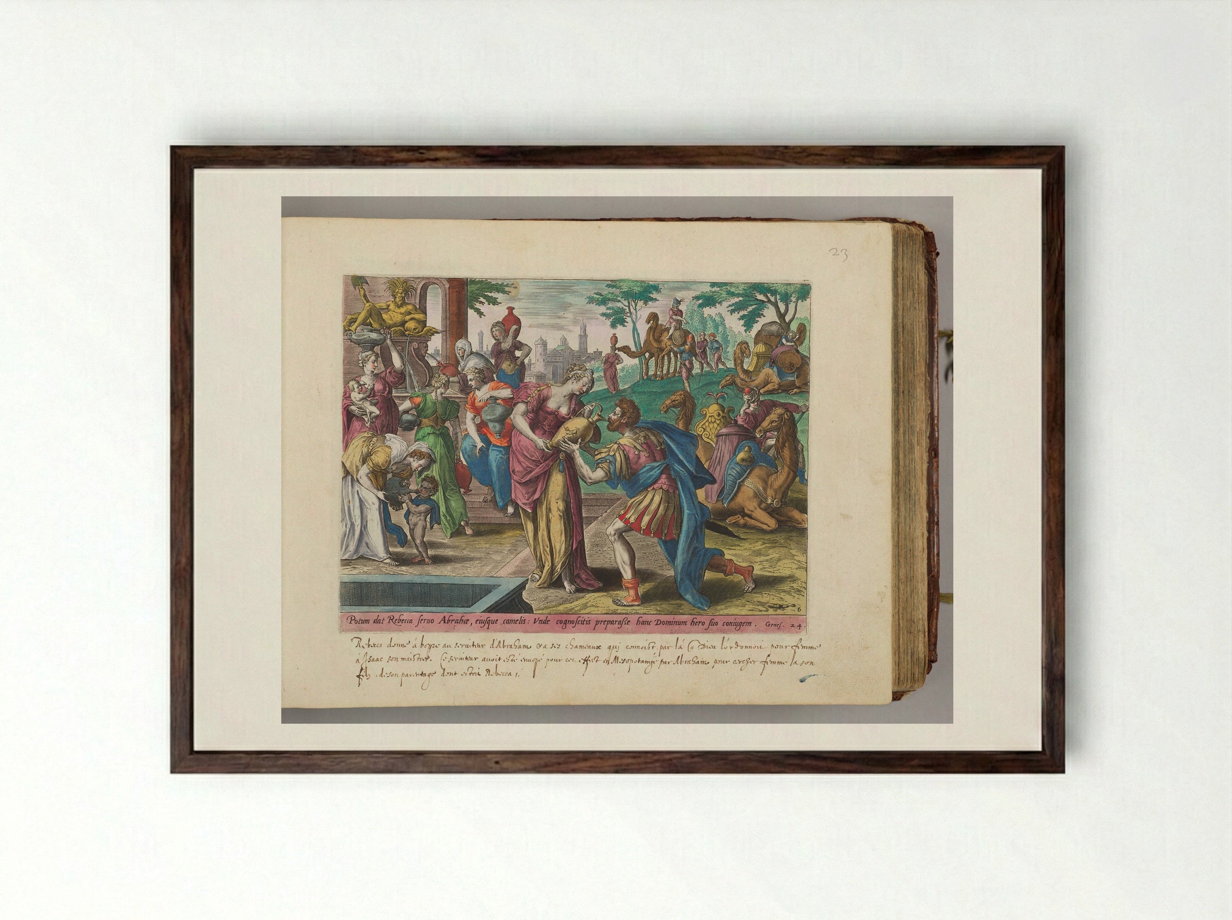 Rebecca Giving Eliezer Water to Drink at the Well - Adriaen Collaert - Framed Print Dark Wood