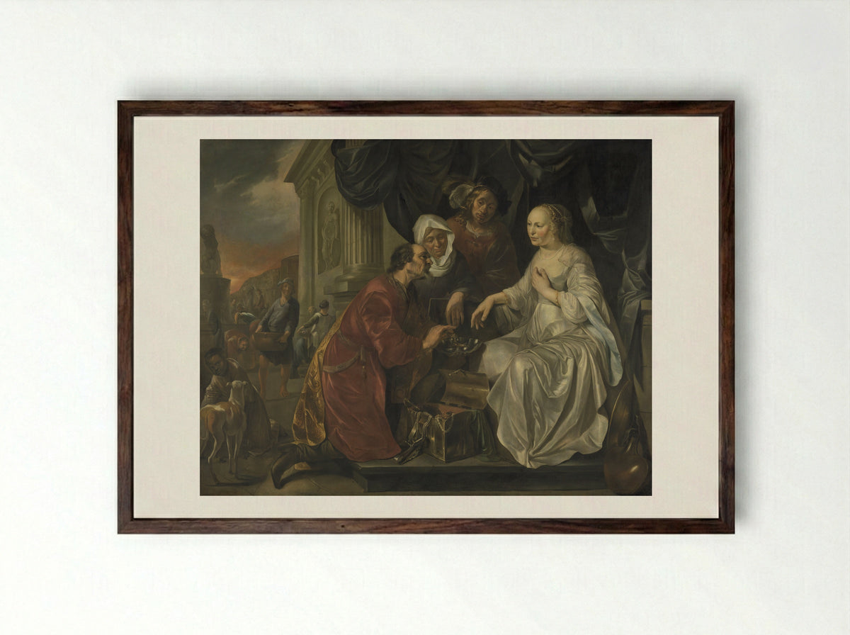 Rebecca Receiving Gifts from Abraham's Servant - Hendrick Heerschop - Framed Print Dark Wood