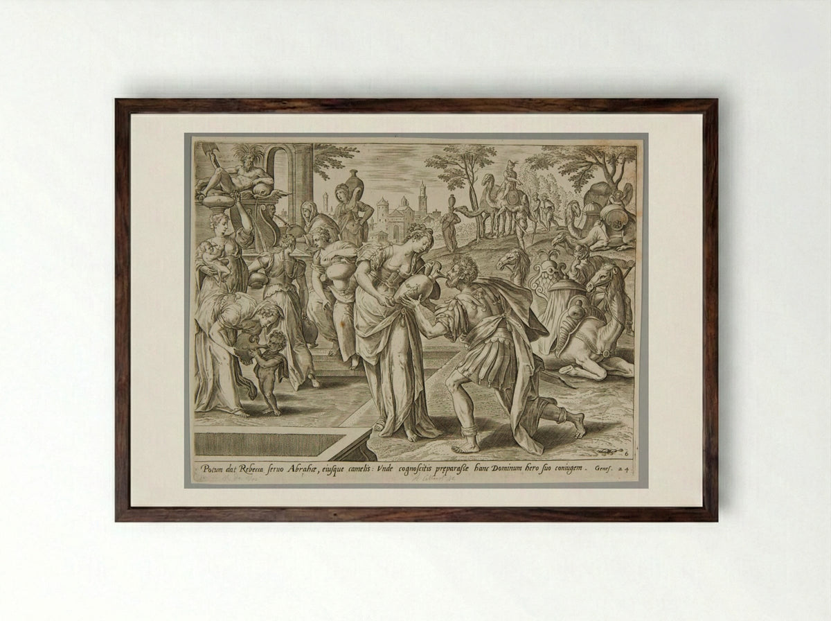 Rebecca at the Well - Adriaen Collaert - Framed Print Dark Wood