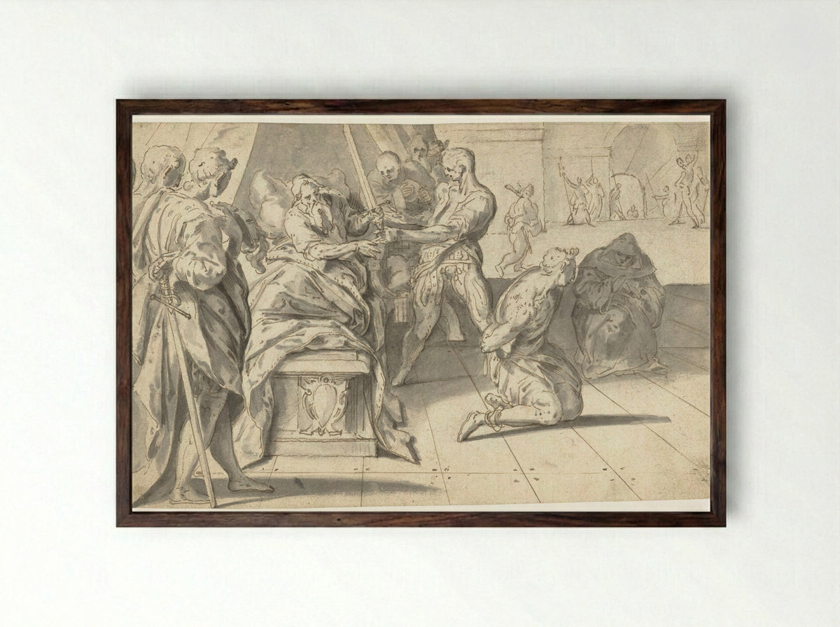 Rechtspraak van Graaf Willem III de Goede over de baljuw van Zuid-Holland - Anthonie Blocklandt - Framed Print Dark Wood