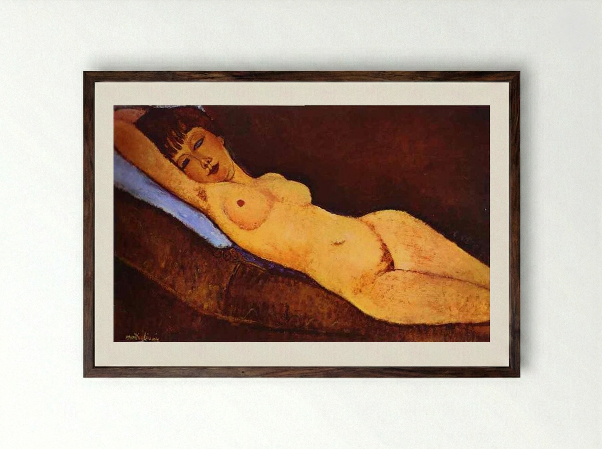 Reclining Nude with Blue Cushion - Amedeo Modigliani - Framed Print Dark Wood