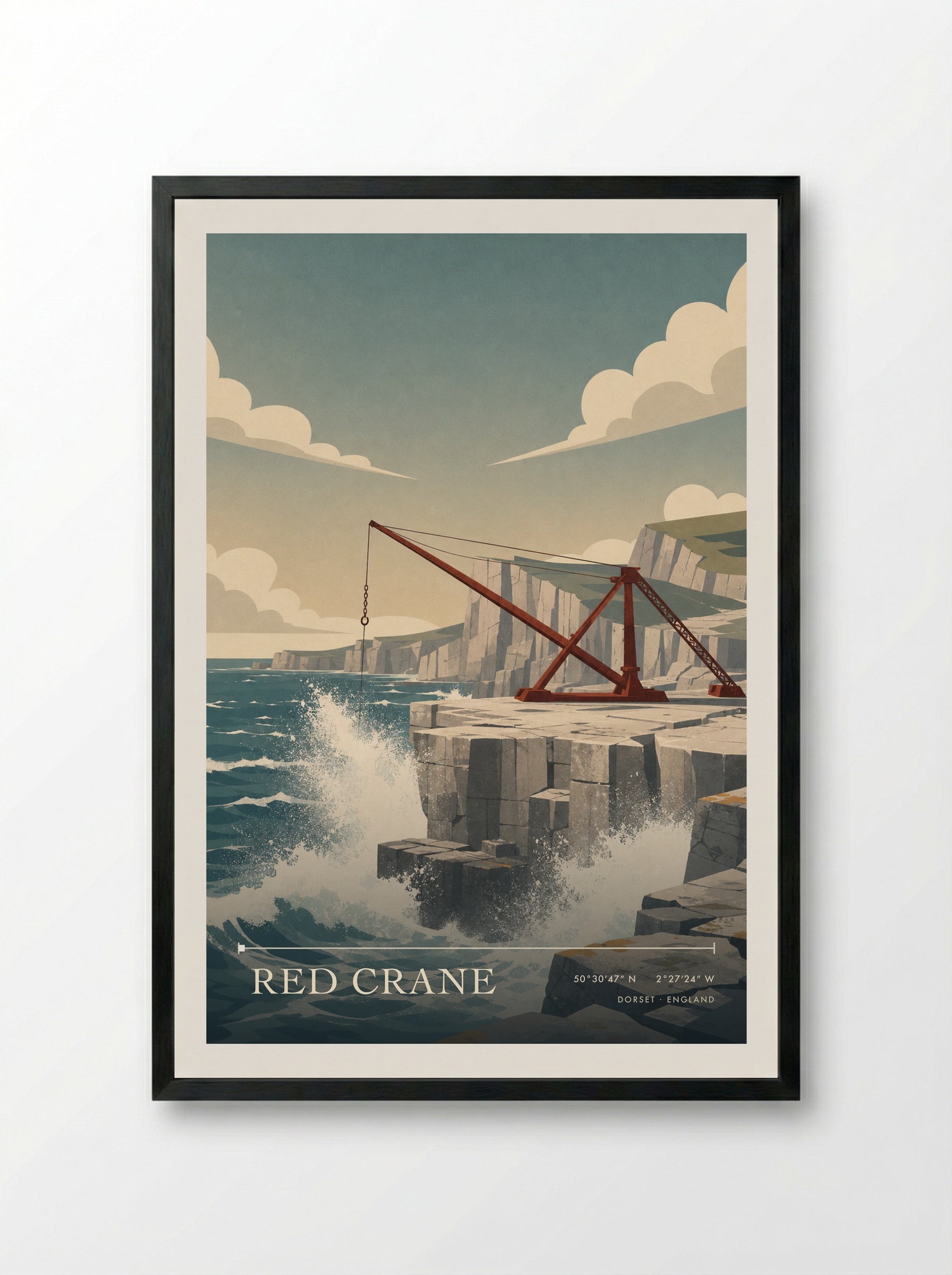 Red Crane Dorset England Travel Poster - Framed Print Black
