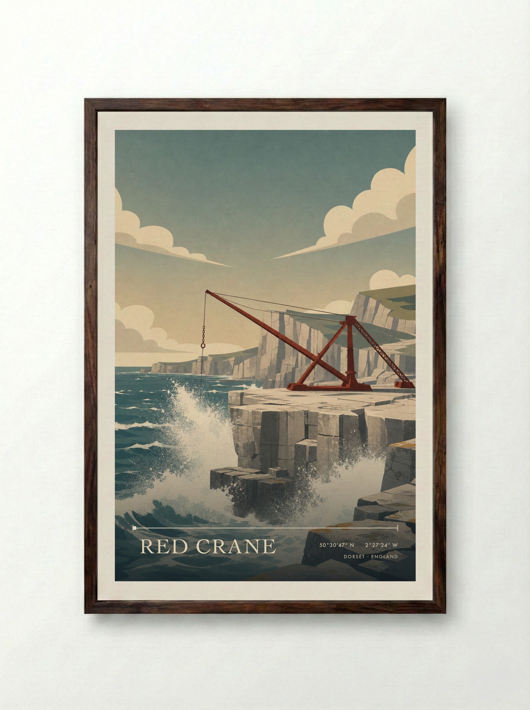 Red Crane Dorset England Travel Poster - Framed Print Dark Wood
