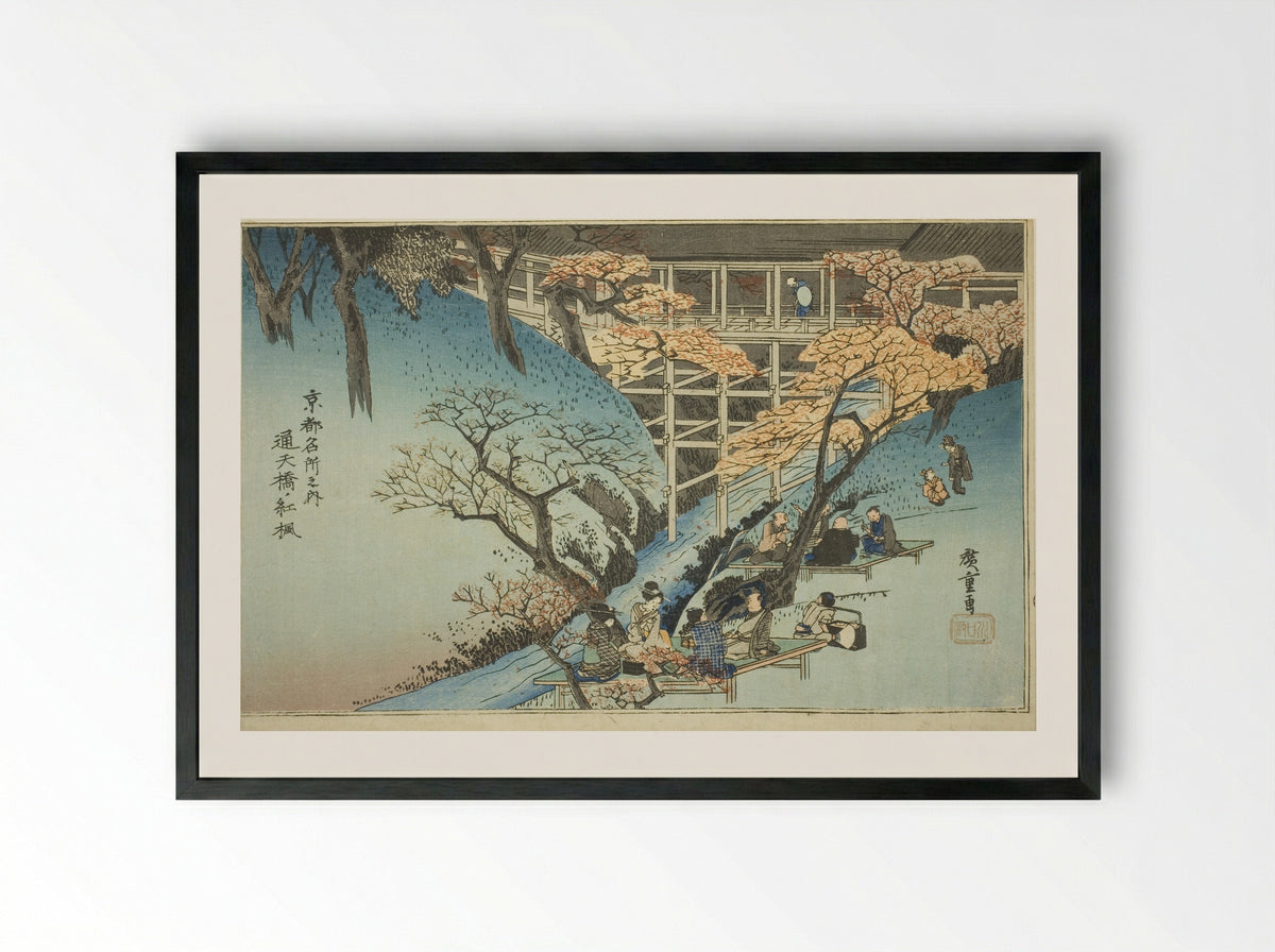 Red Maple Trees at the Tsuten Bridge - Utagawa Hiroshige - Framed Print Black