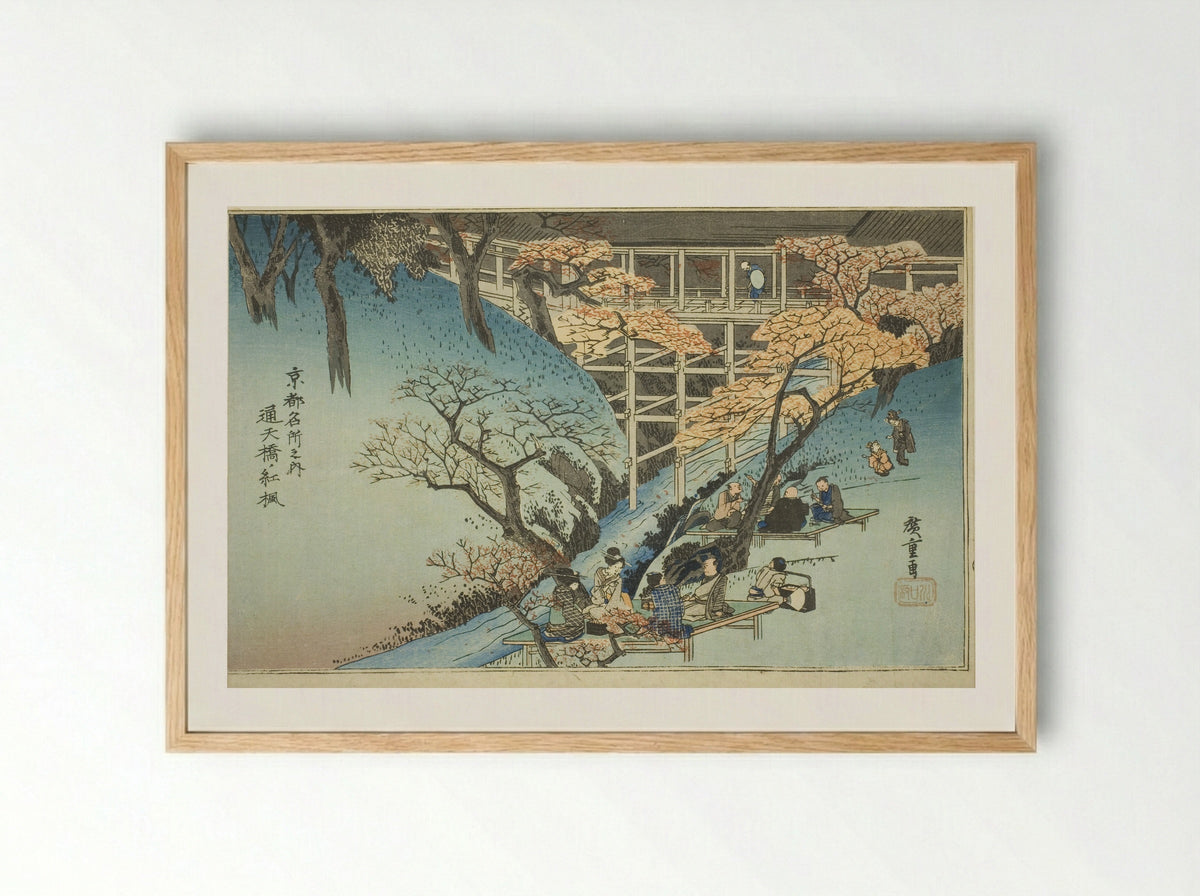 Red Maple Trees at the Tsuten Bridge - Utagawa Hiroshige - Framed Print Wood