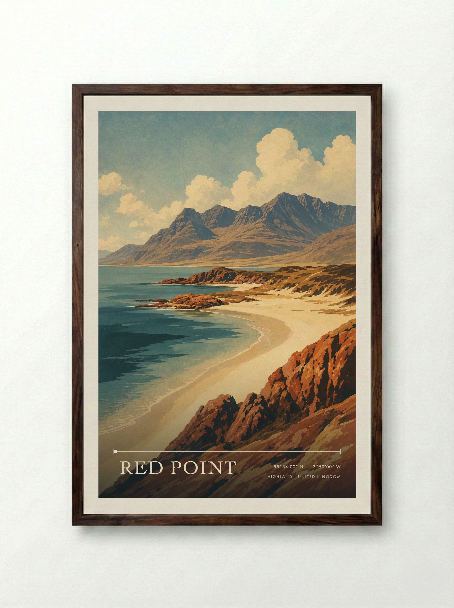 Red Point Highland United Kingdom Travel Poster - Framed Print Dark Wood