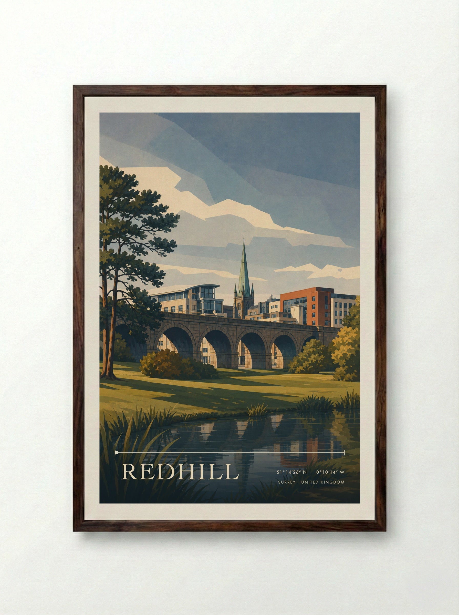 Redhill Surrey United Kingdom Travel Poster - Framed Print Dark Wood