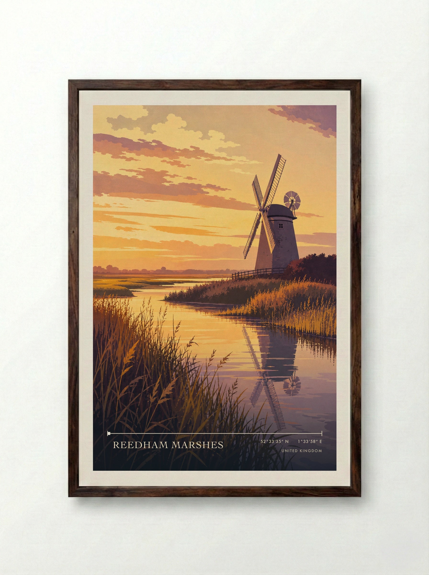 Reedham Marshes United Kingdom Travel Poster - Framed Print Dark Wood