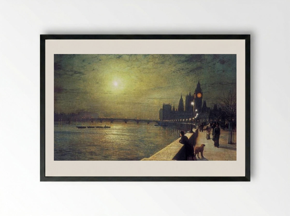 Reflections on the Thames, Westminster - John Atkinson Grimshaw - Framed Print Black