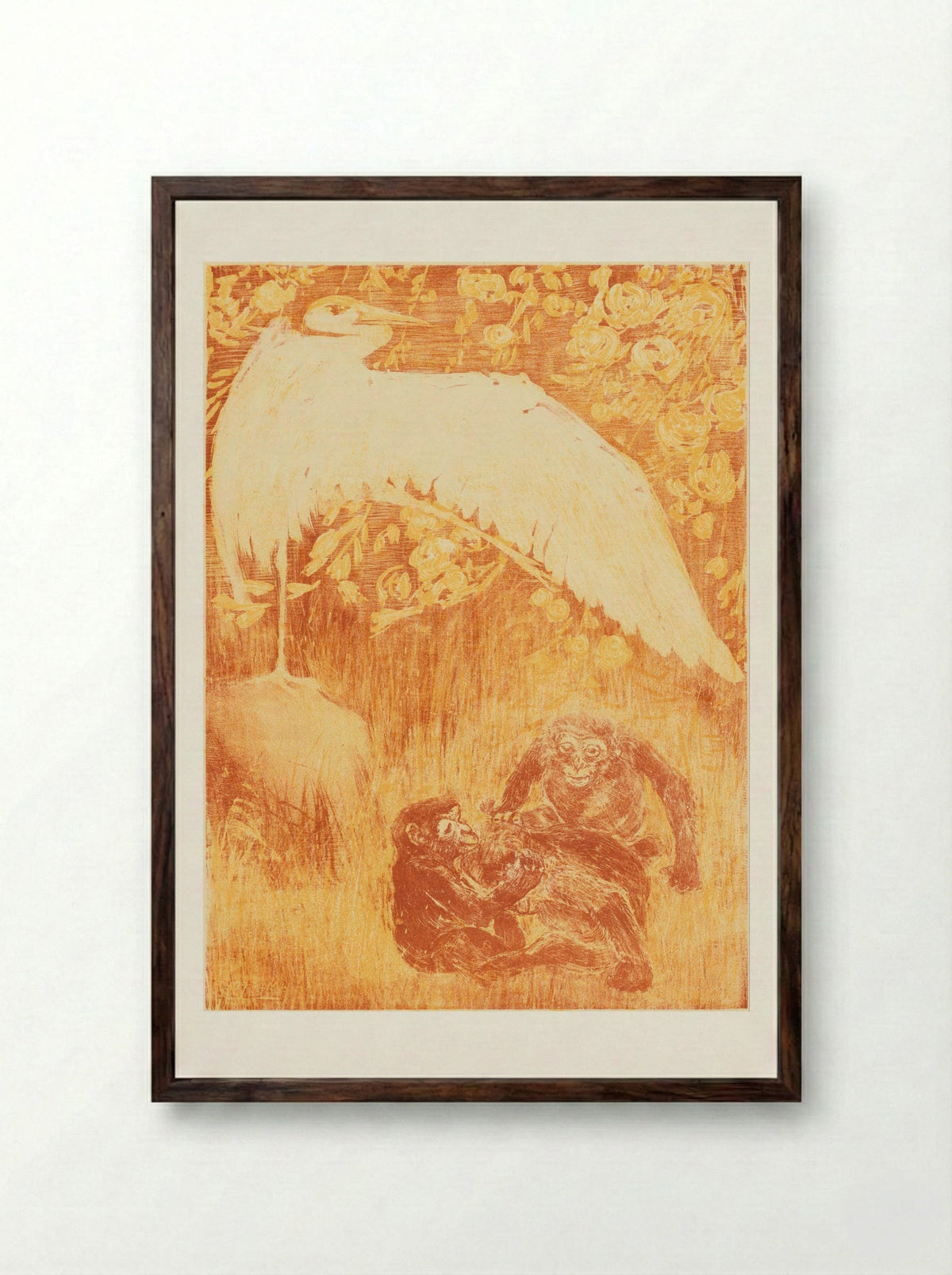 Reiger met drie apen - Theo van Hoytema - Framed Print Dark Wood