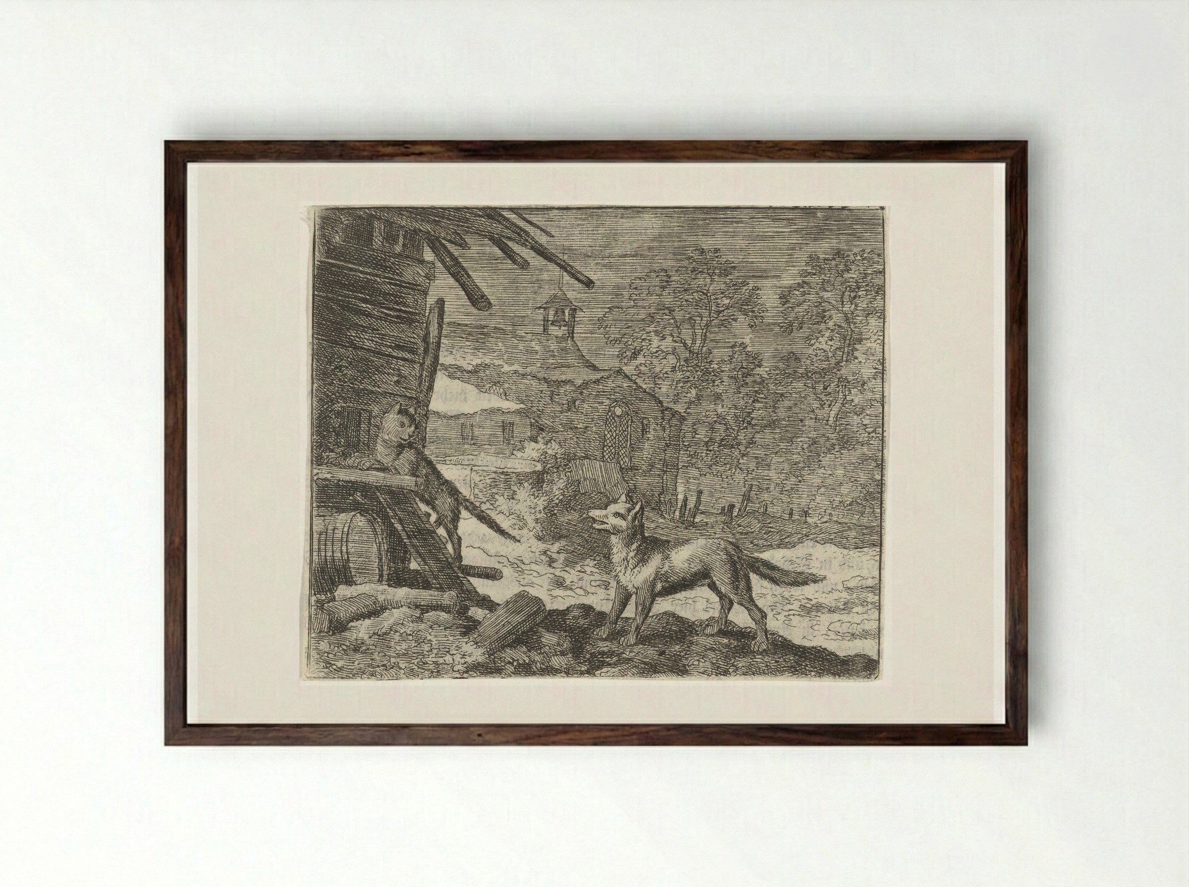 Reinaert de Vos misleidt Tibert de kat - Allaert van Everdingen - Framed Print Dark Wood