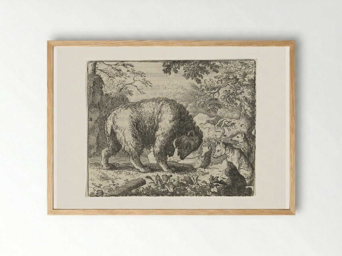 Reinaert de vos belooft Bruun de beer honing - Allaert van Everdingen - Framed Print Wood