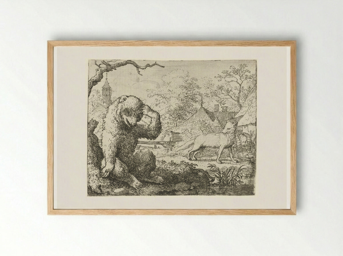 Reinaert de vos berispt de gewonde Bruun de beer - Allaert van Everdingen - Framed Print Wood
