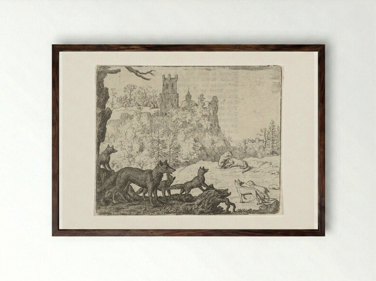 Reinaert de vos en Grimbeert de das op weg naar het gerecht - Allaert van Everdingen - Framed Print Dark Wood