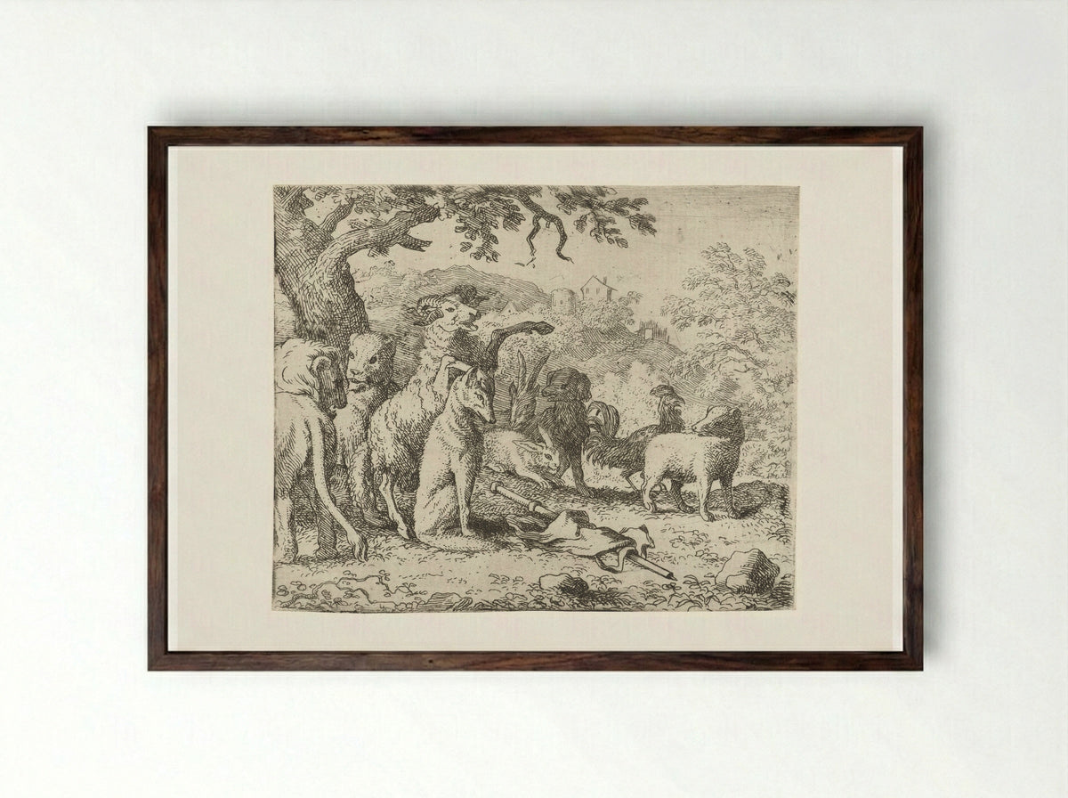 Reinaert de vos krijgt de zegen - Allaert van Everdingen - Framed Print Dark Wood