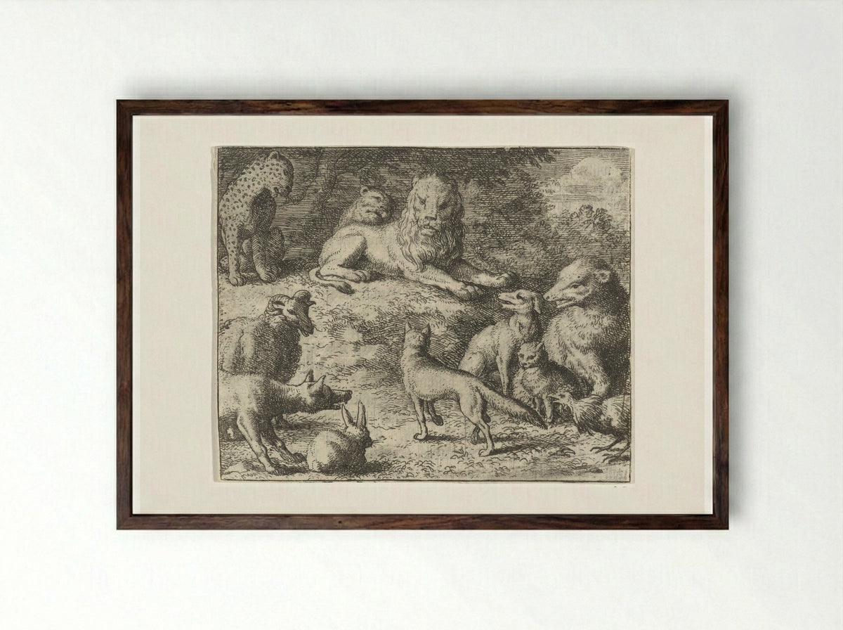 Reinaert de vos verschijnt voor het gerecht - Allaert van Everdingen - Framed Print Dark Wood