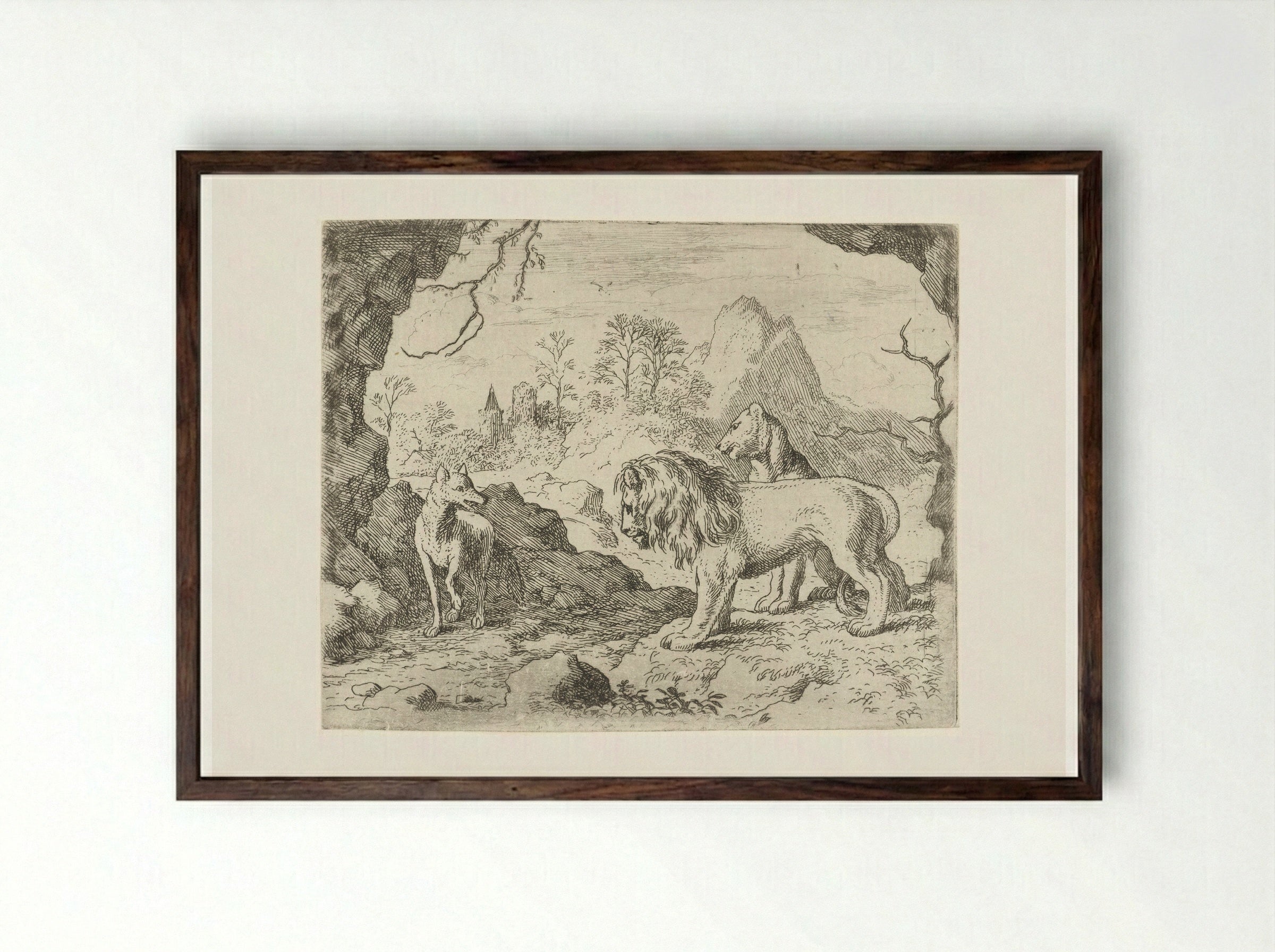 Reinaert de vos vertelt over de verborgen schat - Allaert van Everdingen - Framed Print Dark Wood