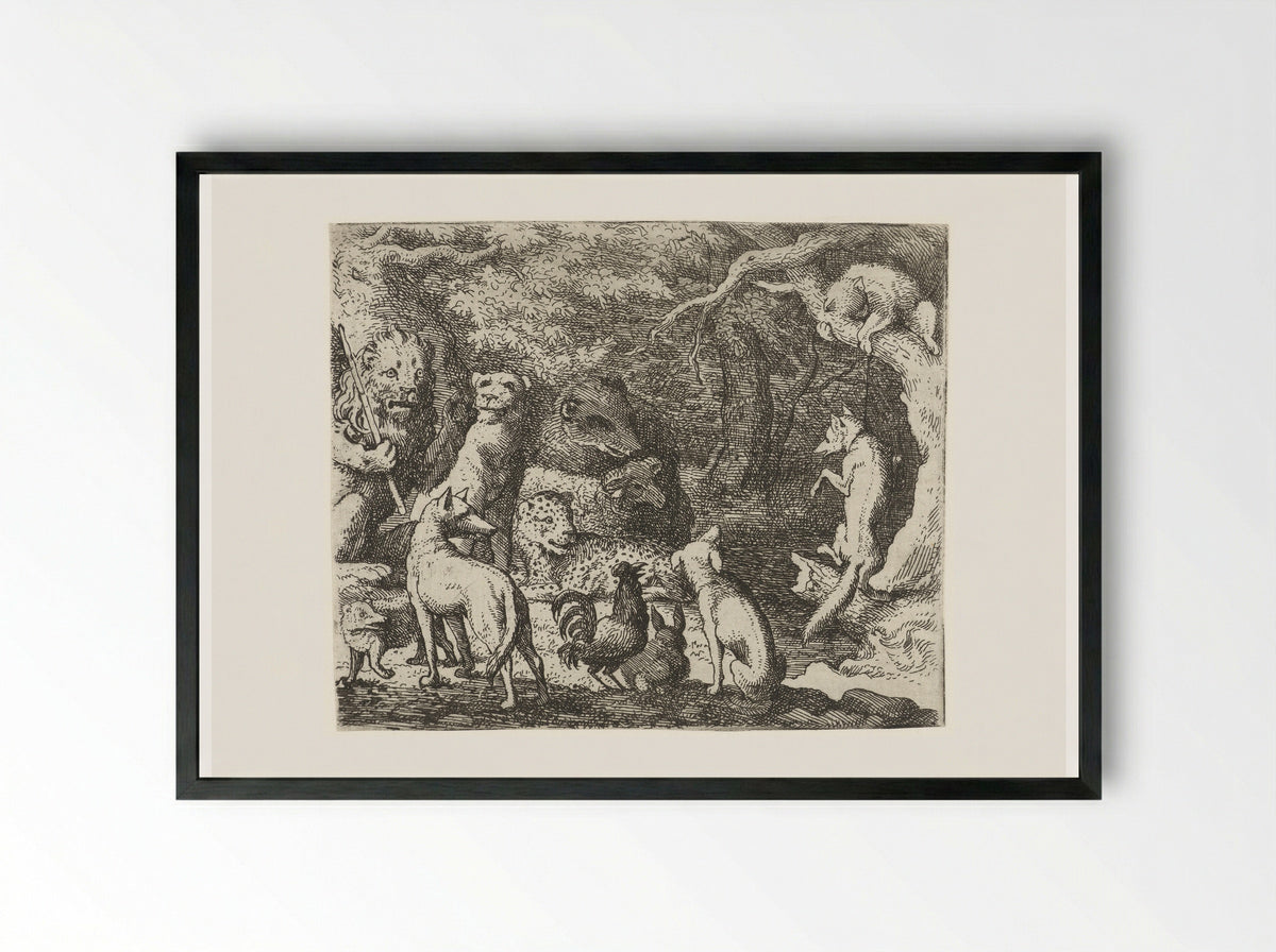 Reinaert de vos vraagt toestemming om te bekennen - Allaert van Everdingen - Framed Print Black