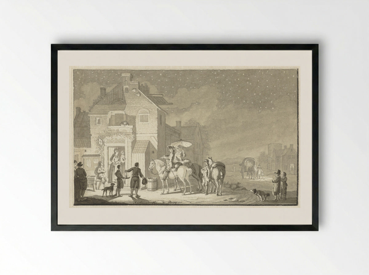 Reisgezelschap voor herberg bij avond - Nicolaes Aartman - Framed Print Black