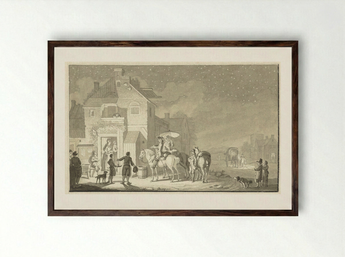 Reisgezelschap voor herberg bij avond - Nicolaes Aartman - Framed Print Dark Wood
