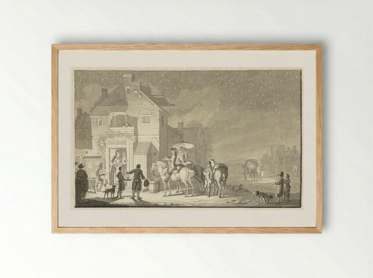 Reisgezelschap voor herberg bij avond - Nicolaes Aartman - Framed Print Wood