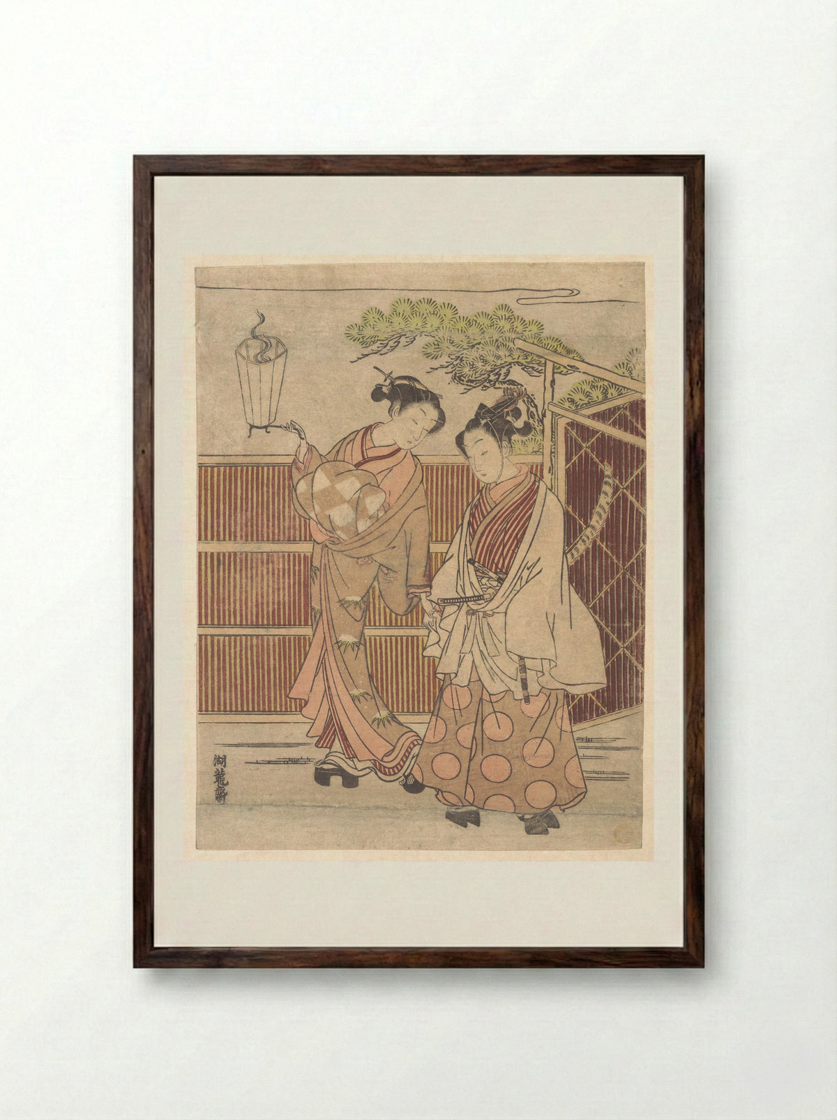 Reizei Carrying a Teshoku (Hand Lantern) - Isoda Koryūsai - Framed Print Dark Wood