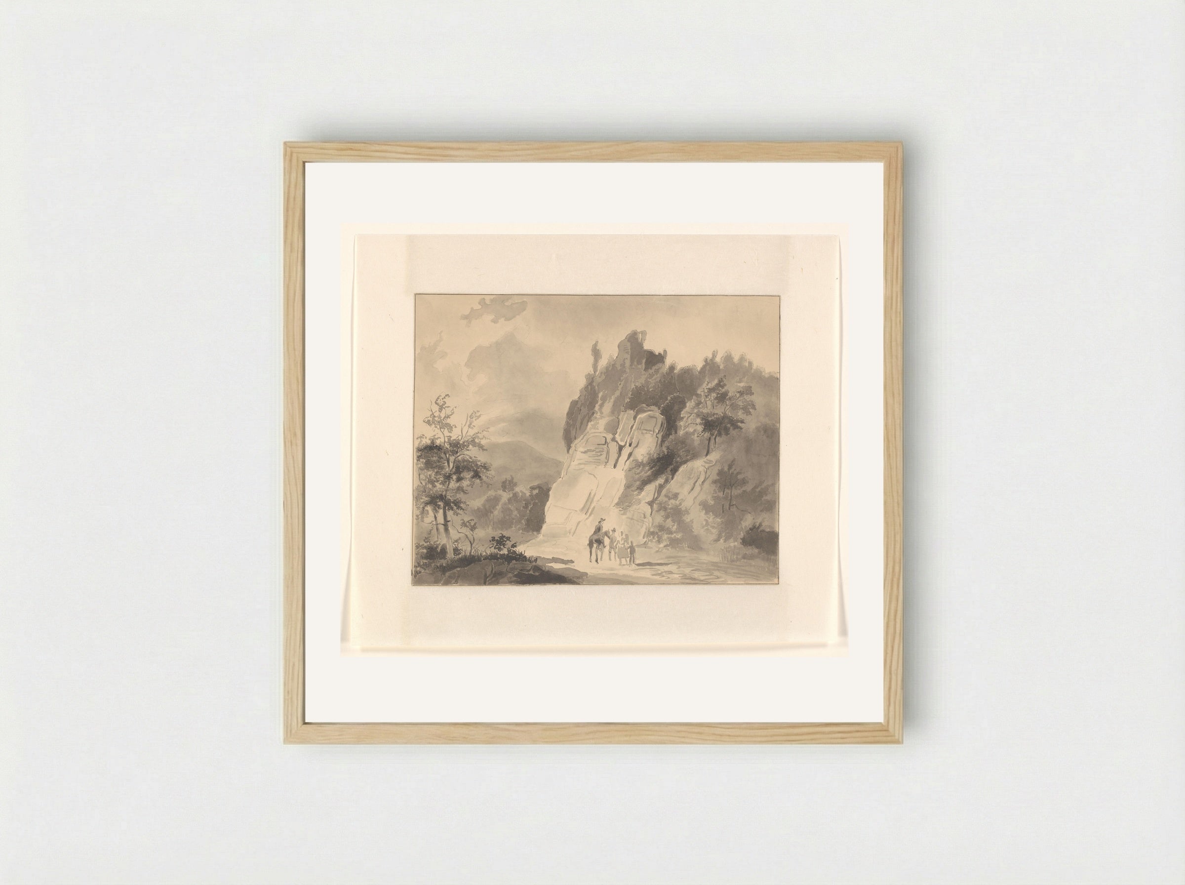 Reizigers bij een rotswand in een berglandschap - Johannes van Reijn - Framed Print Wood