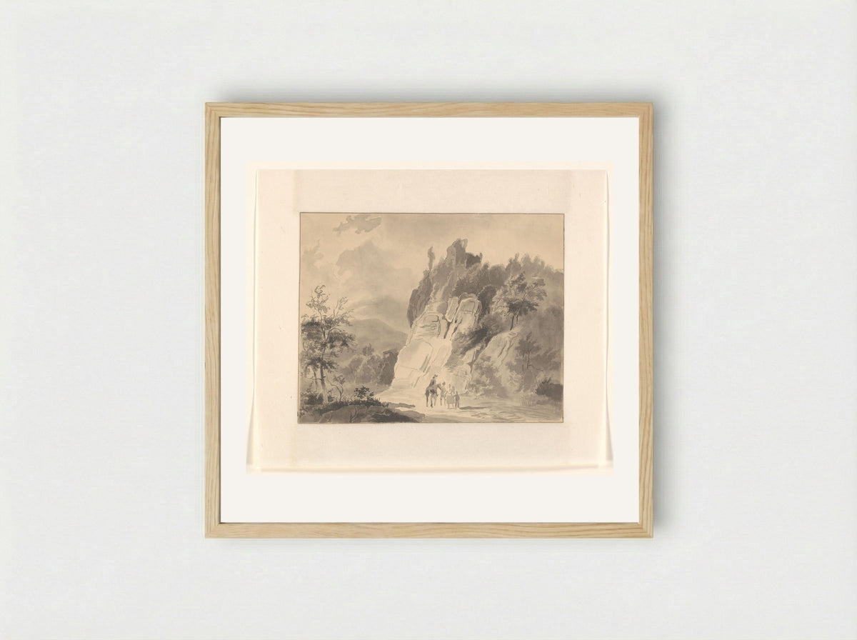 Reizigers bij een rotswand in een berglandschap - Johannes van Reijn - Framed Print Wood