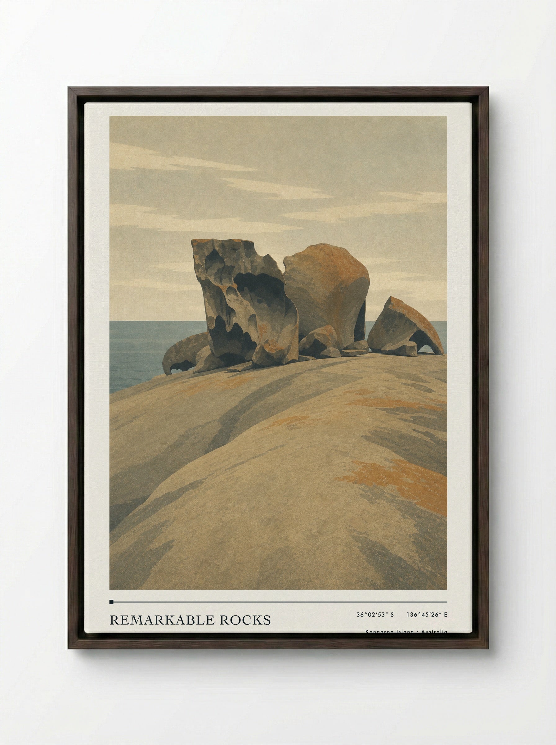 Remarkable Rocks Travel Poster Artwork - Framed Canvas Dark Wood