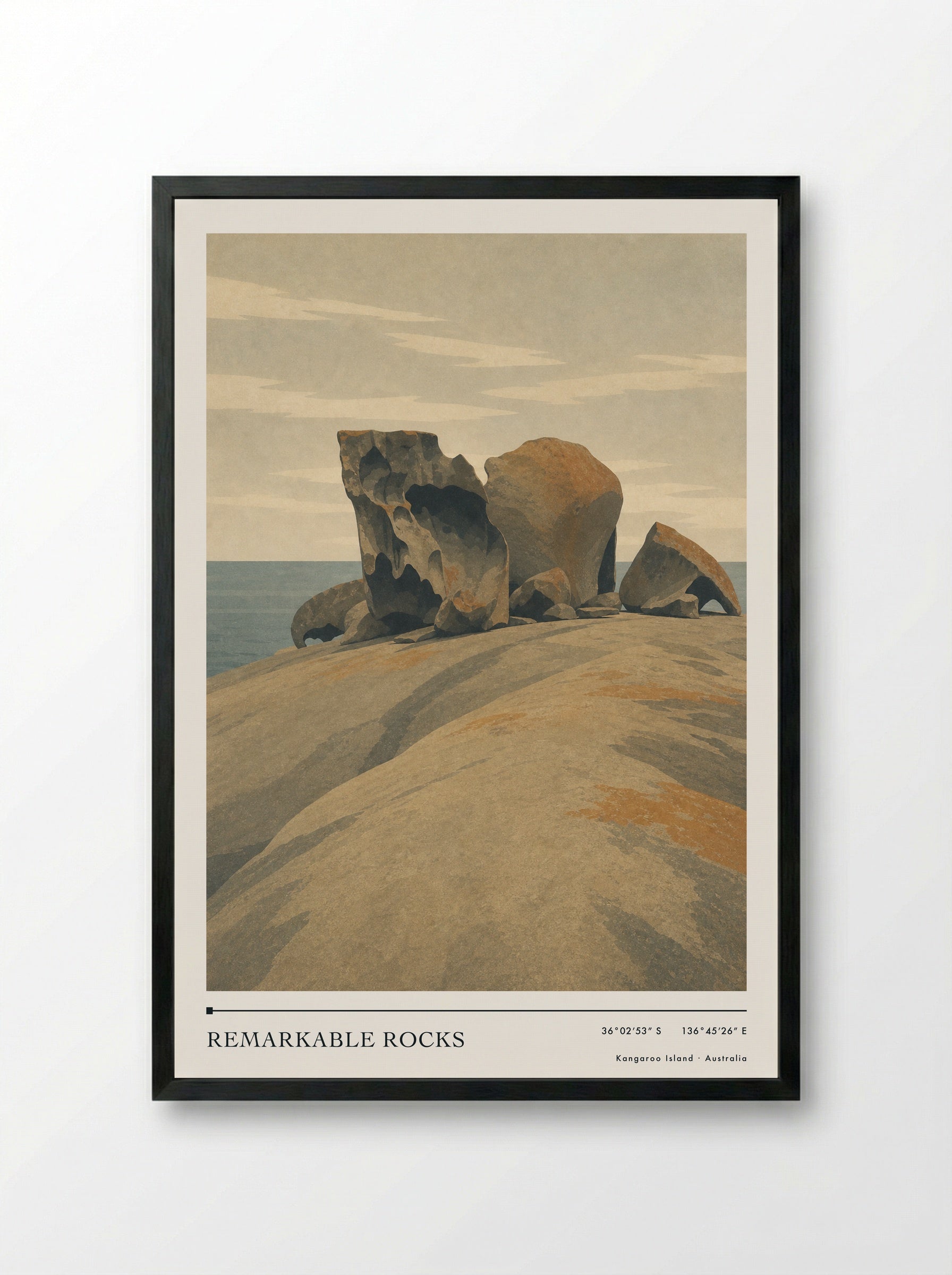 Remarkable Rocks Travel Poster Artwork - Framed Print Black