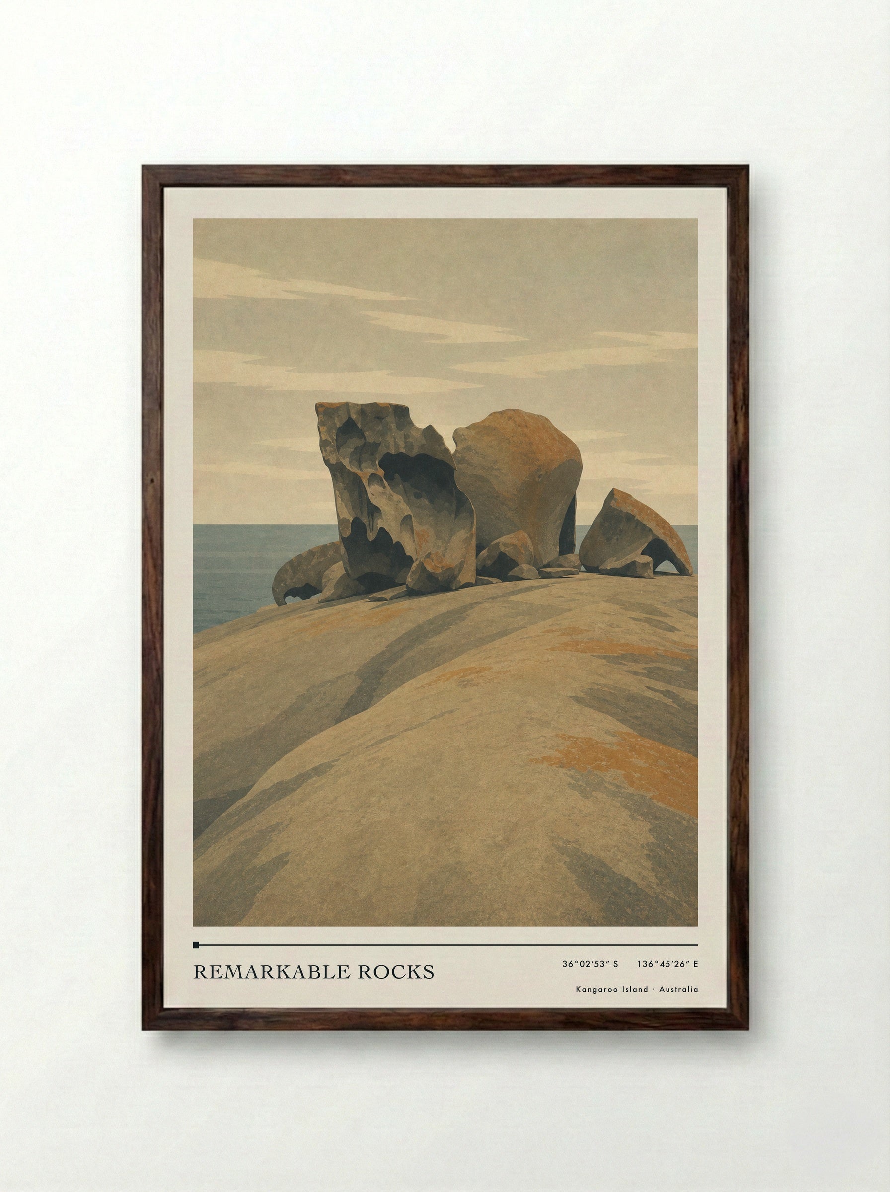 Remarkable Rocks Travel Poster Artwork - Framed Print Dark Wood