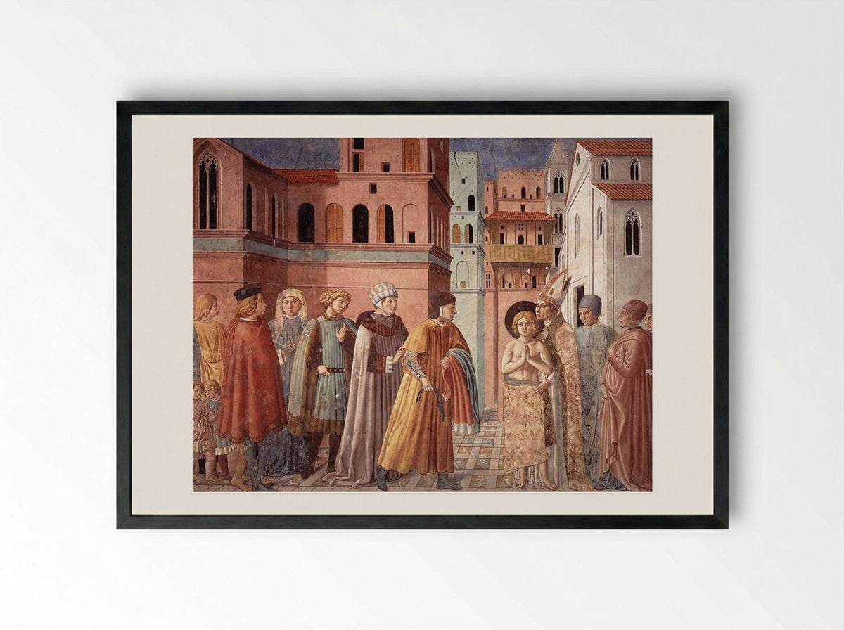 Renunciation of Worldly Goods and The Bishop of Assisi Dresses St. Francis - Benozzo Gozzoli - Framed Print Black