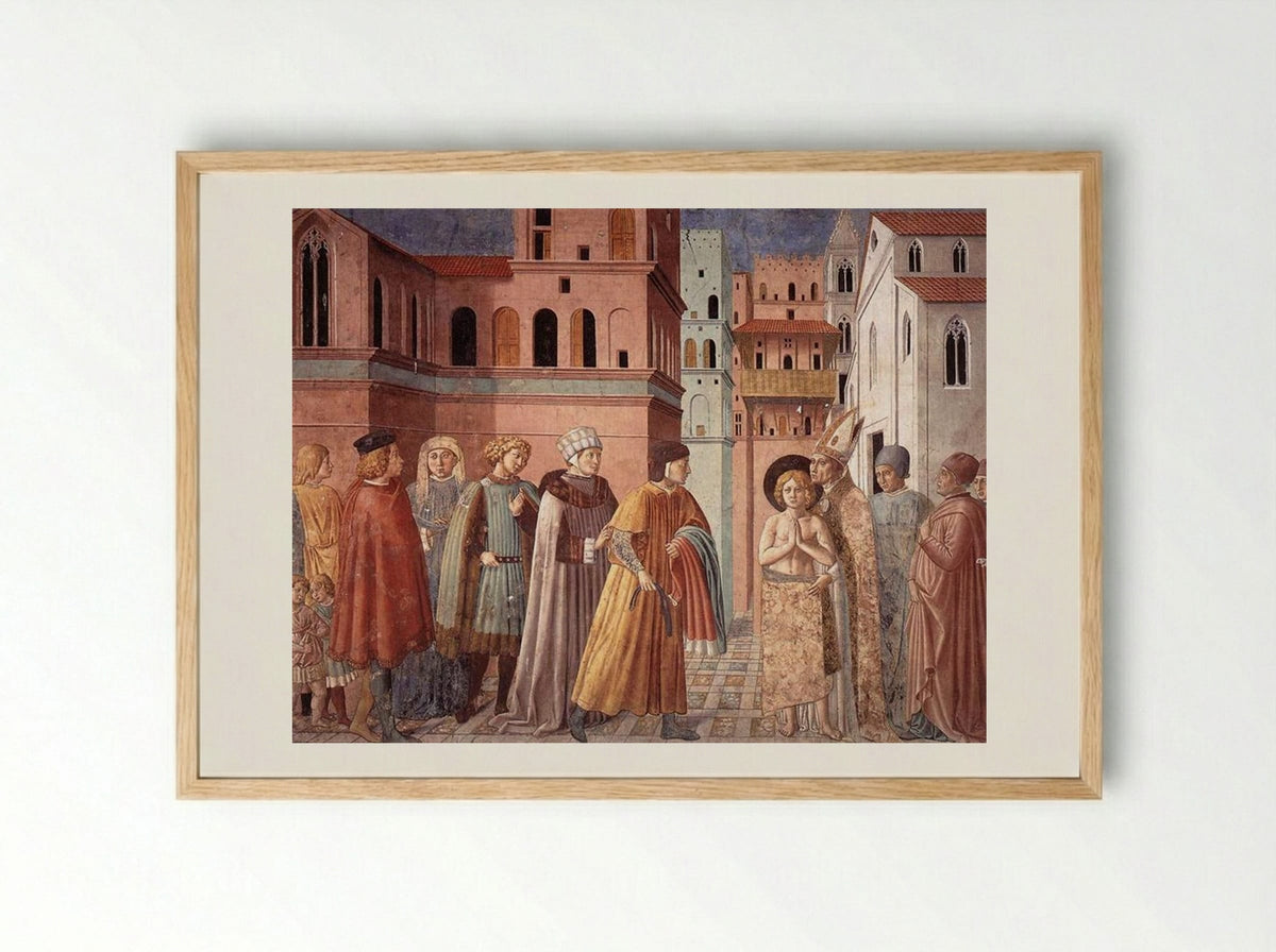 Renunciation of Worldly Goods and The Bishop of Assisi Dresses St. Francis - Benozzo Gozzoli - Framed Print Wood