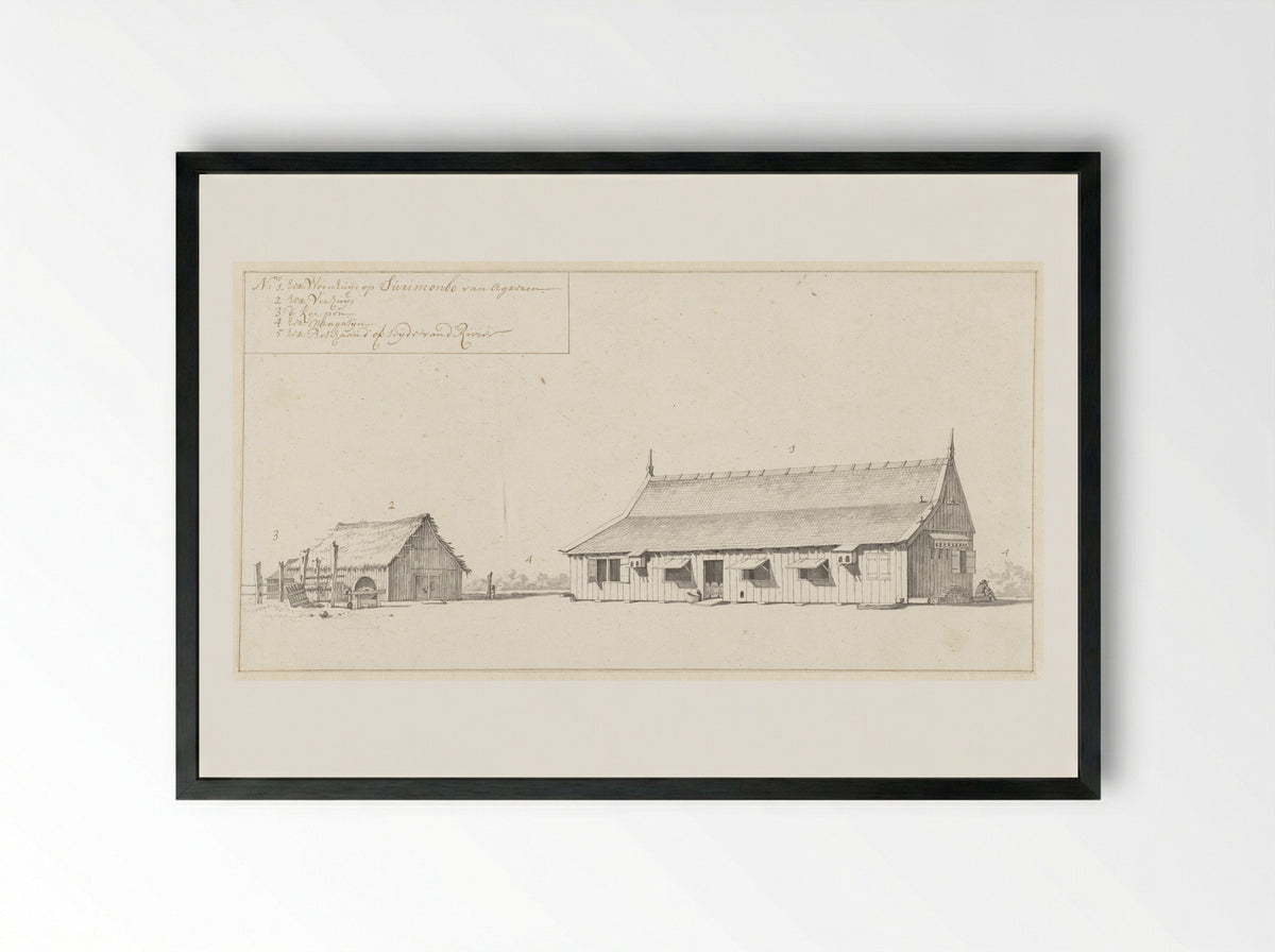 Residence and a Barn on the Surimombo Plantation - Dirk Valkenburg - Framed Print Black
